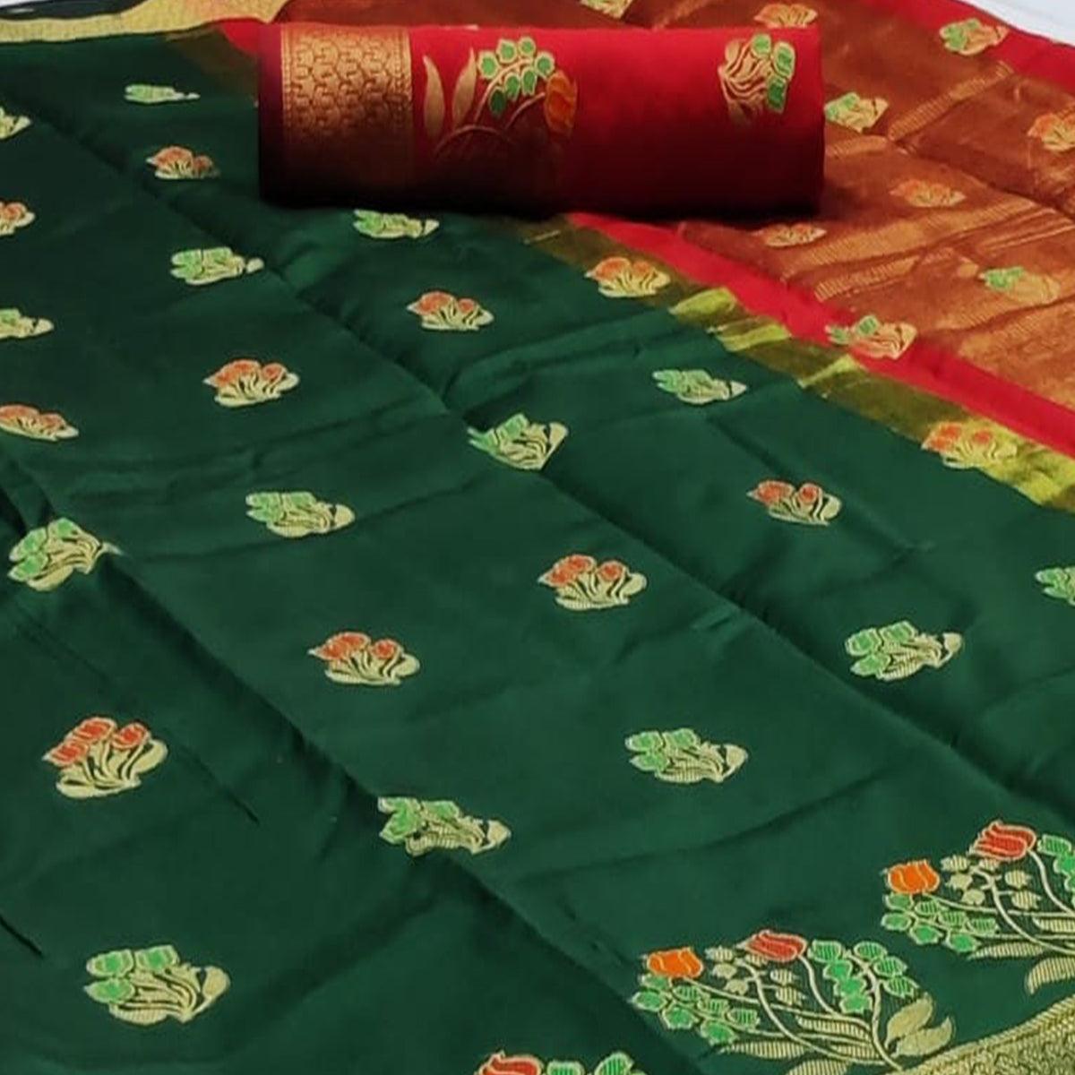 Adorable Dark Green Colored Festive Wear Woven Soft Silk Saree - Peachmode