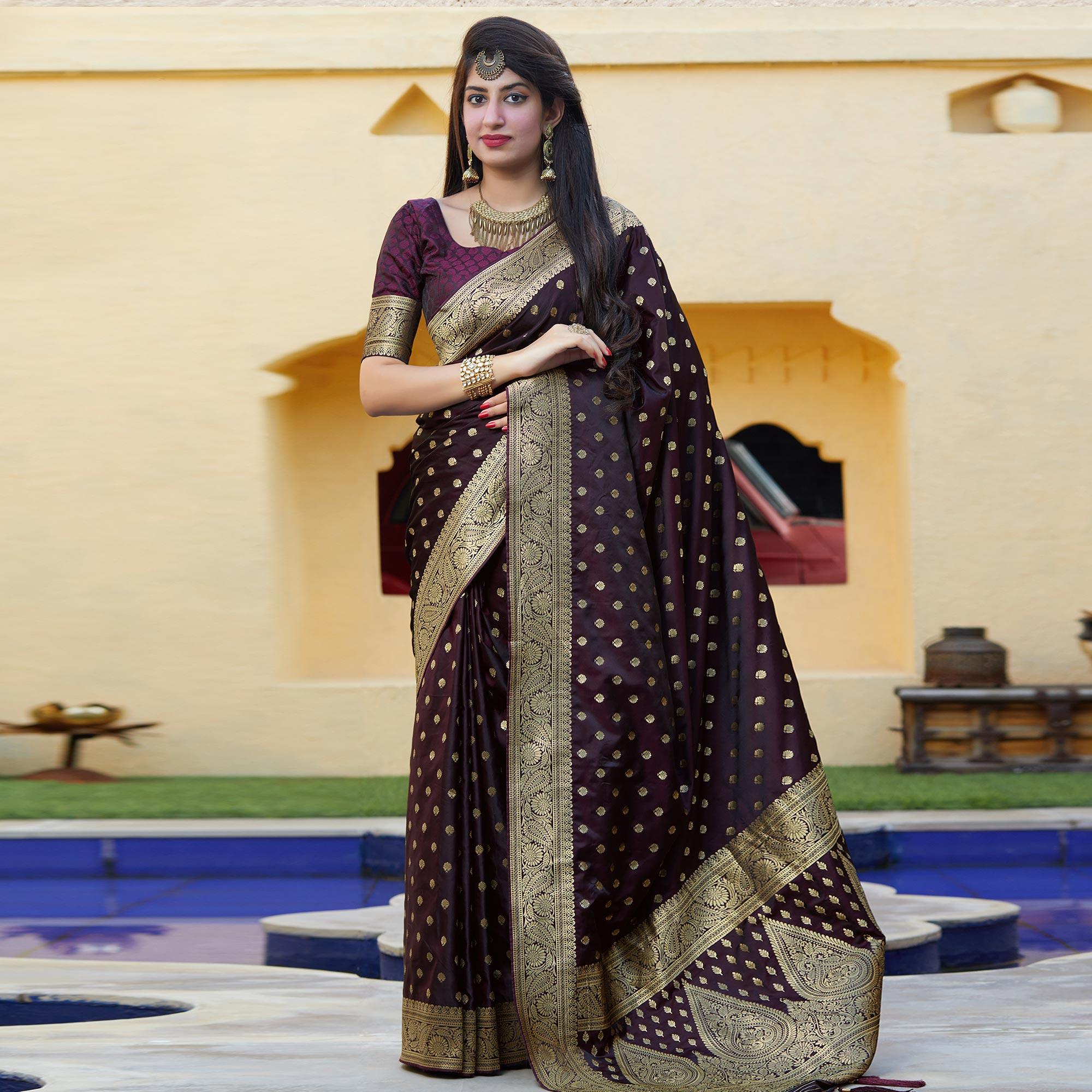 Adorable Dark Purple Colored Festive Wear Woven Banarasi Silk Saree - Peachmode