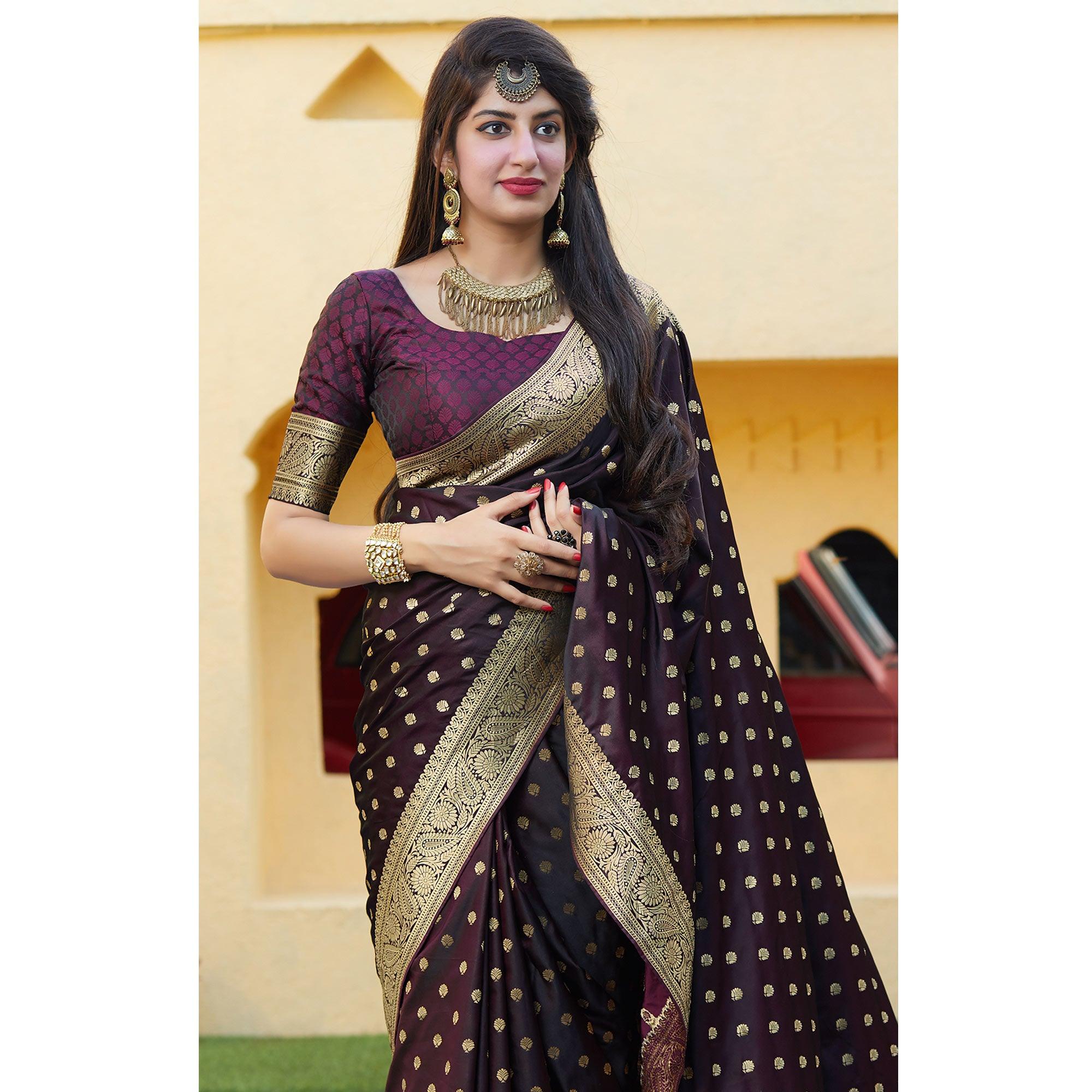 Adorable Dark Purple Colored Festive Wear Woven Banarasi Silk Saree - Peachmode