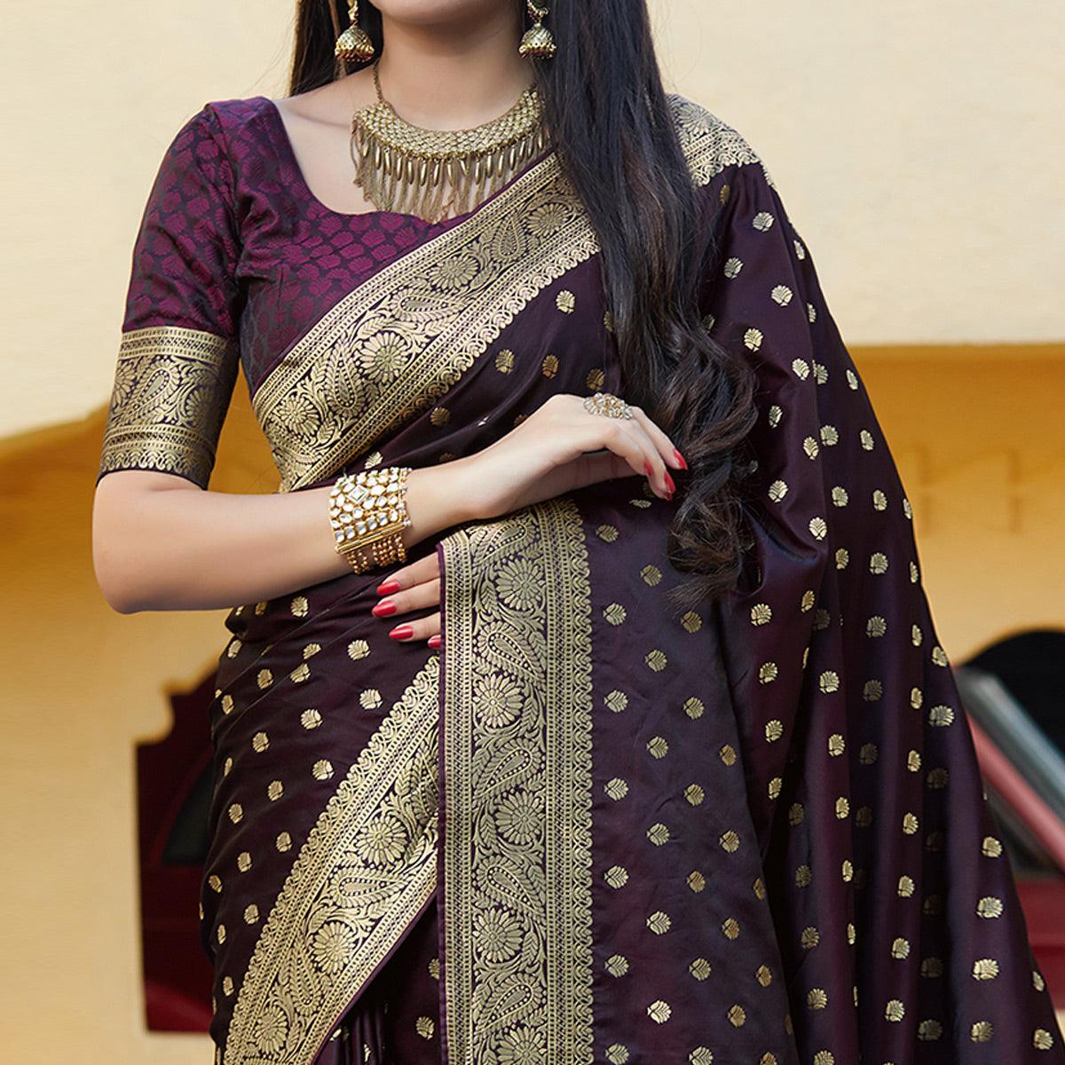 Adorable Dark Purple Colored Festive Wear Woven Banarasi Silk Saree - Peachmode