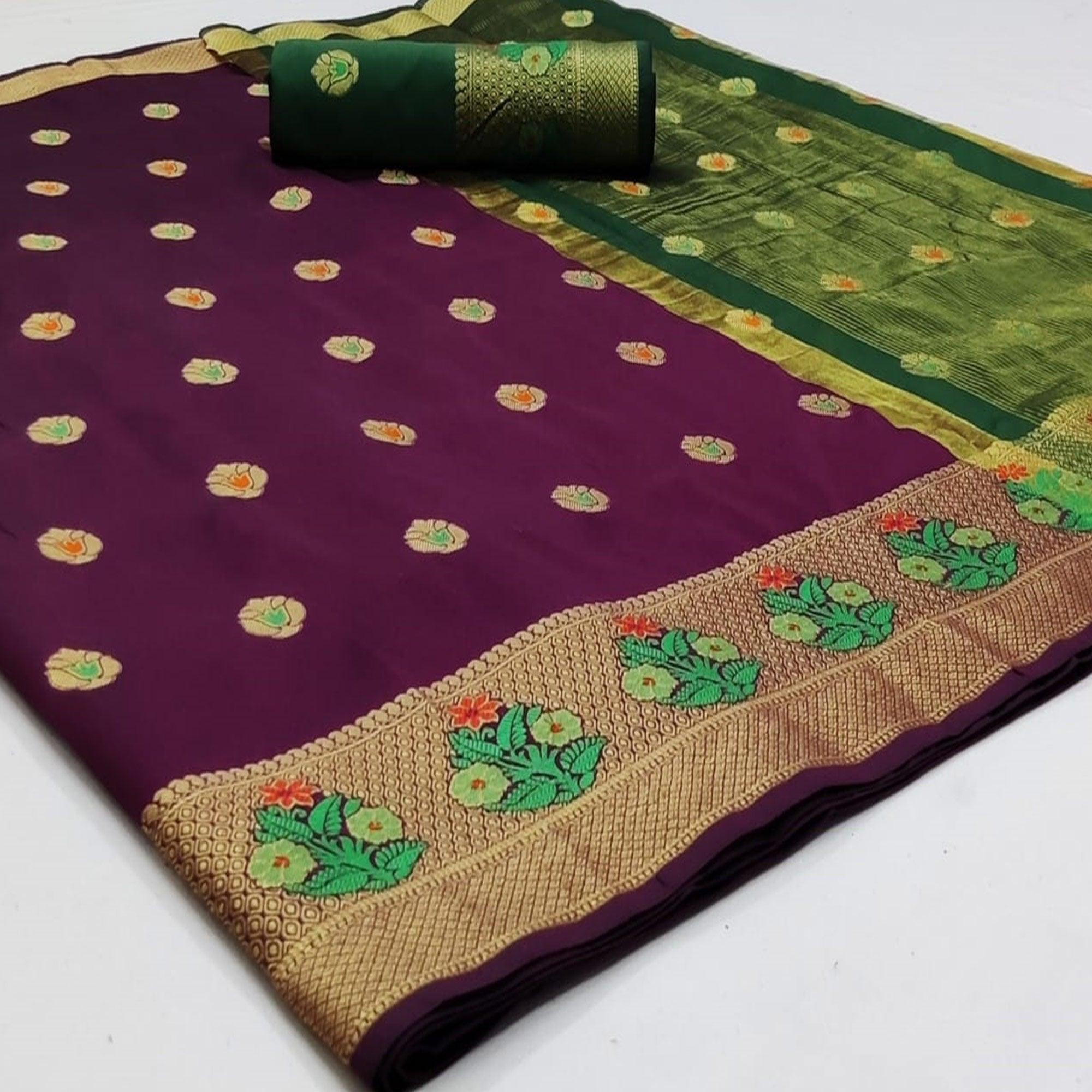 Adorable Dark Purple Colored Festive Wear Woven Soft Silk Saree - Peachmode