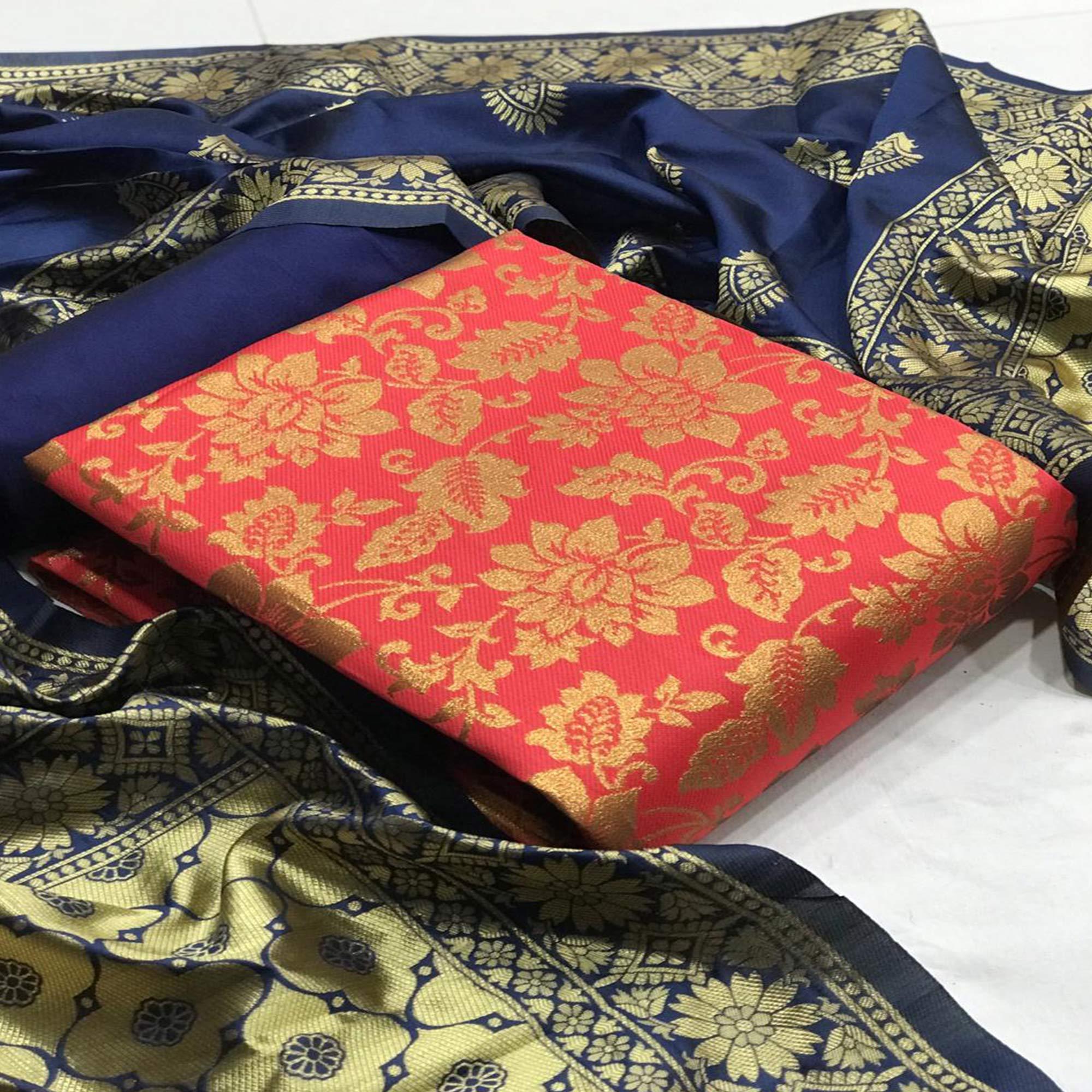 Adorable Gajari Colored Casual Woven Banarasi Silk Dress Material - Peachmode