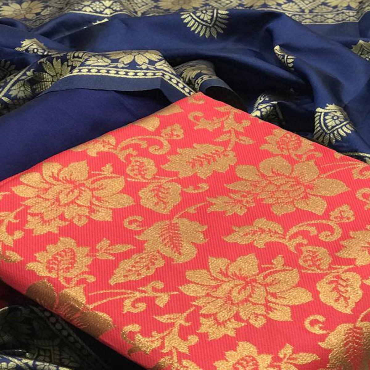 Adorable Gajari Colored Casual Woven Banarasi Silk Dress Material - Peachmode
