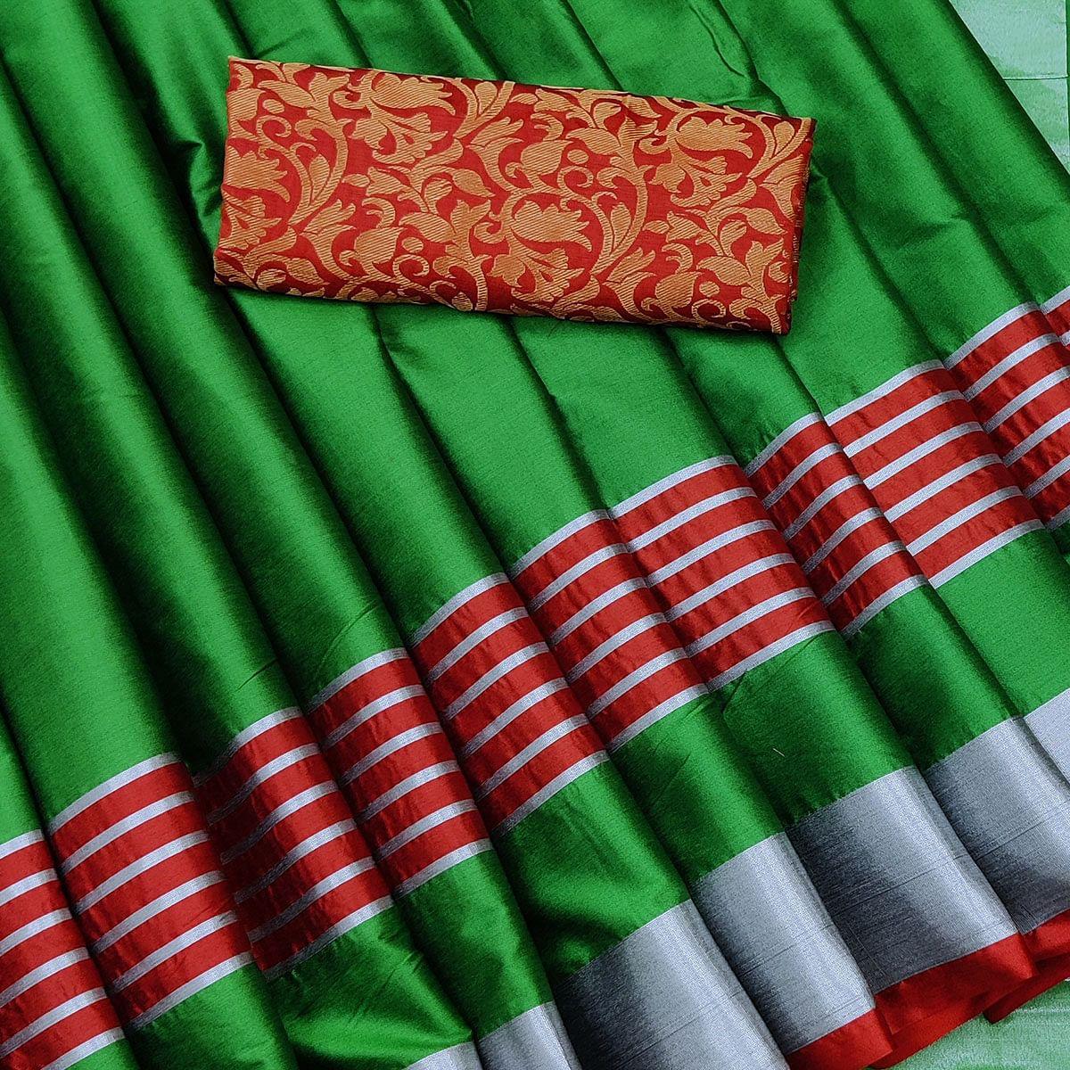 Adorable Green Colored Casual Wear Cotton With Soft Satin Border Saree - Peachmode