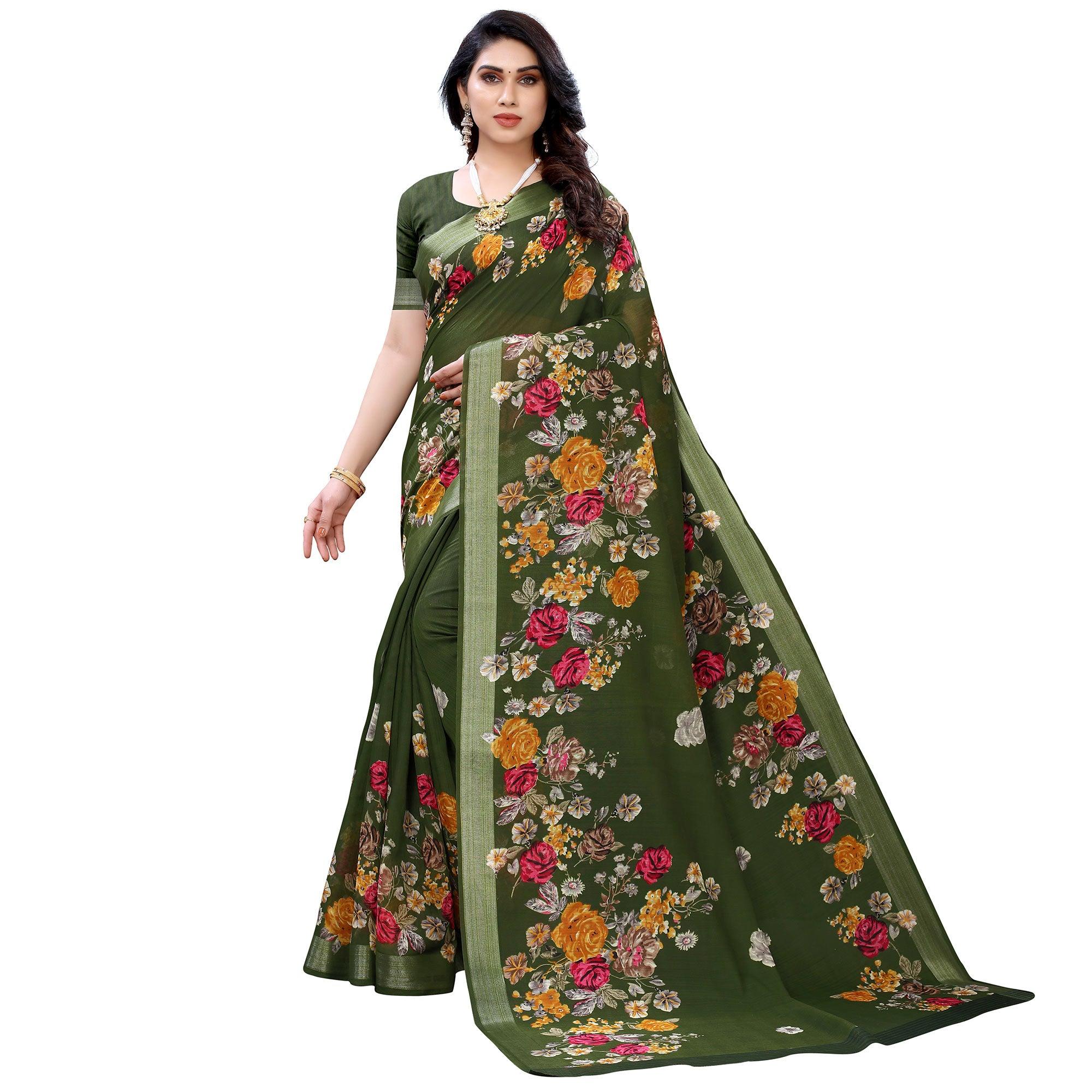 Adorable Green Colored Casual Wear Floral Printed Linen Saree - Peachmode