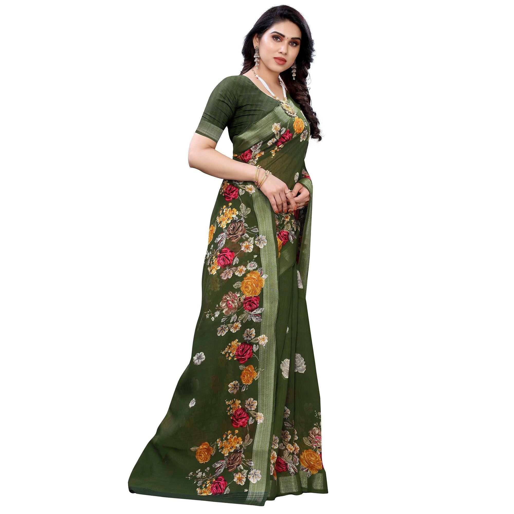 Adorable Green Colored Casual Wear Floral Printed Linen Saree - Peachmode