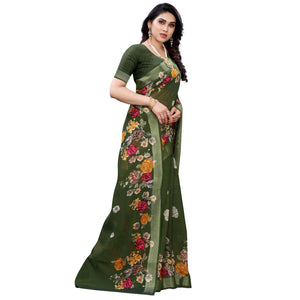 Adorable Green Colored Casual Wear Floral Printed Linen Saree - Peachmode