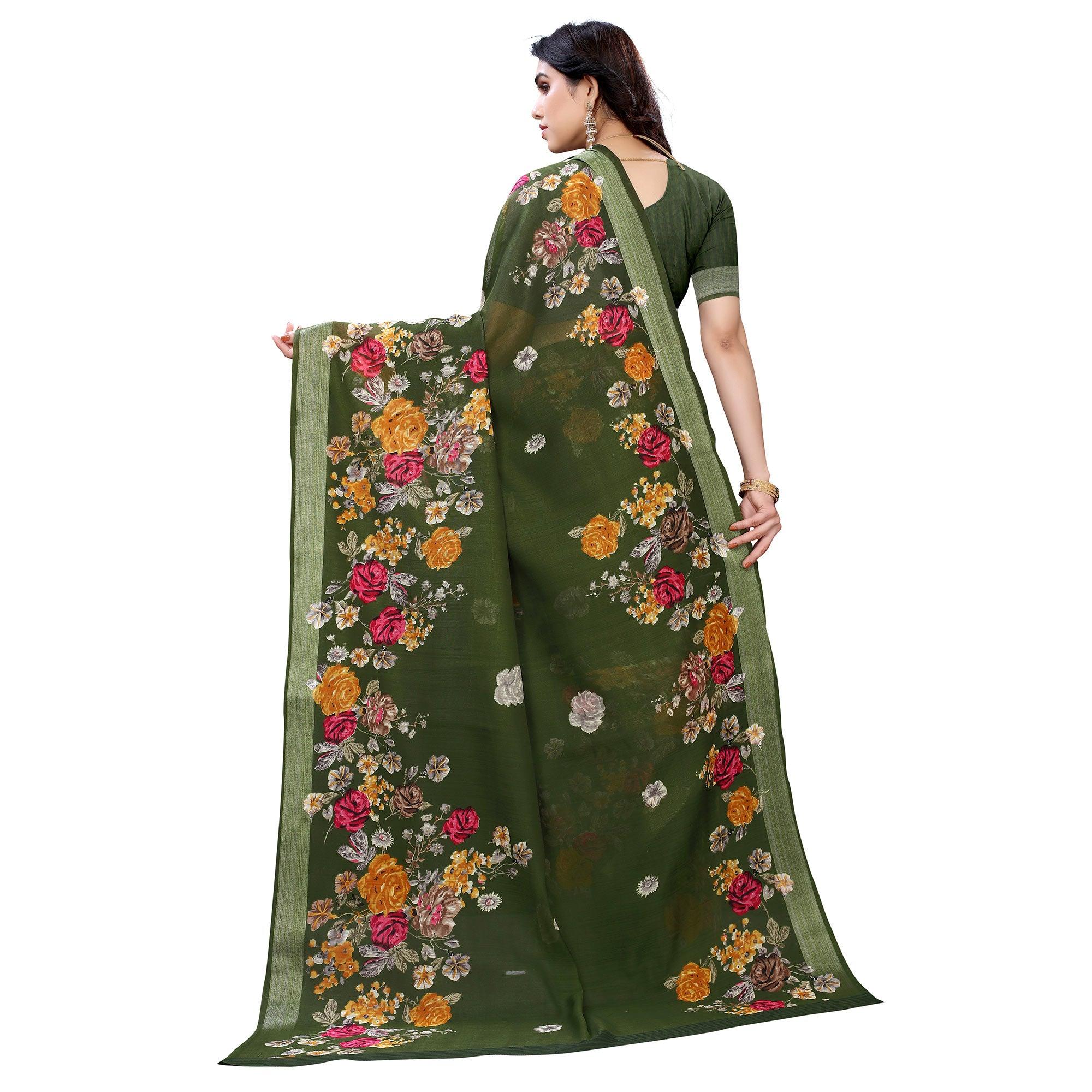 Adorable Green Colored Casual Wear Floral Printed Linen Saree - Peachmode