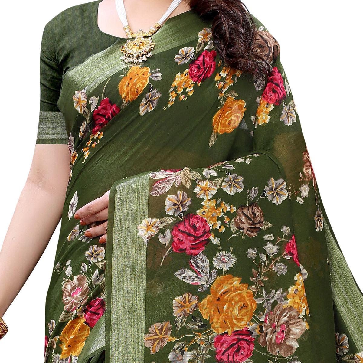 Adorable Green Colored Casual Wear Floral Printed Linen Saree - Peachmode