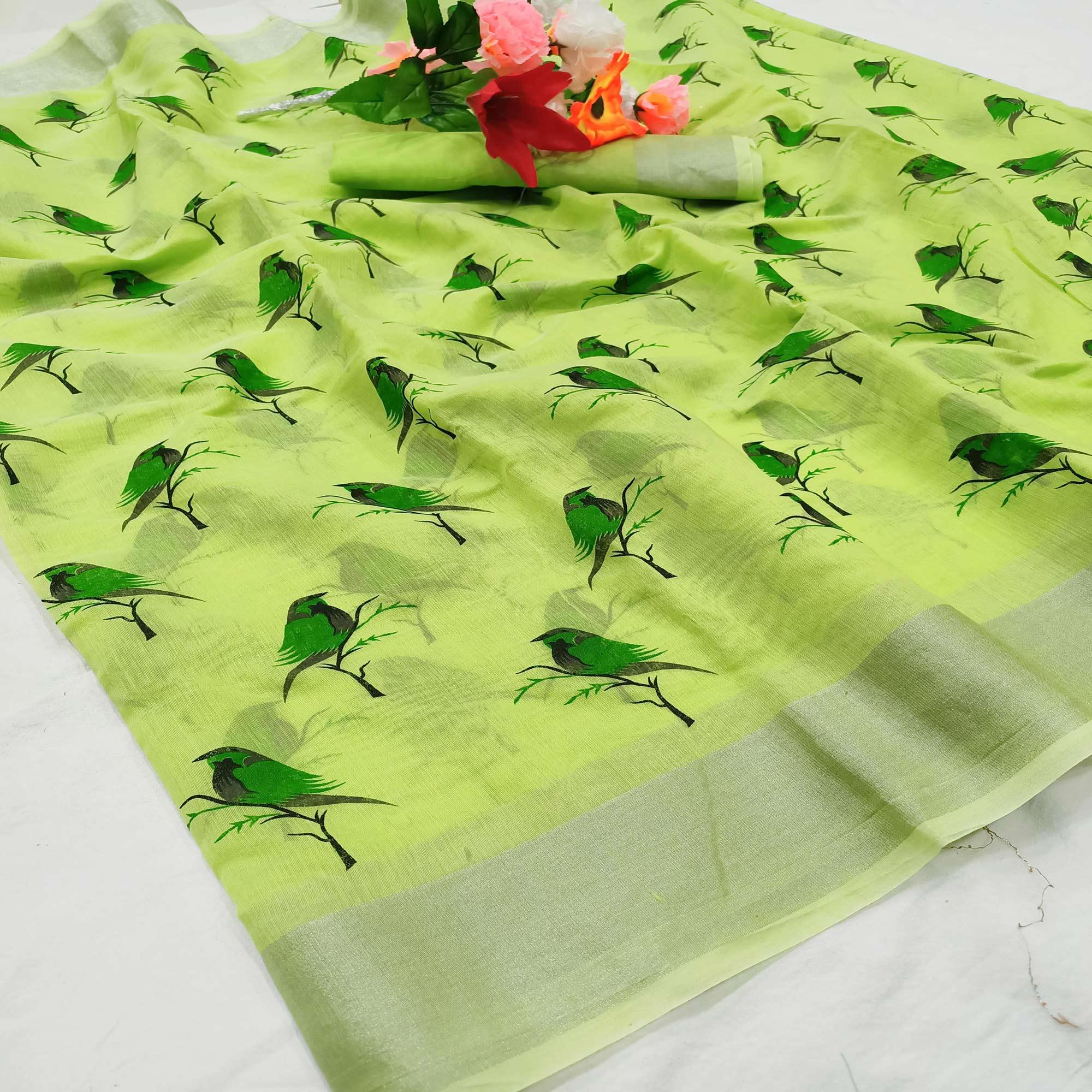 Adorable Green Colored Casual Wear Sparrow Block Printed Cotton Linen Saree - Peachmode