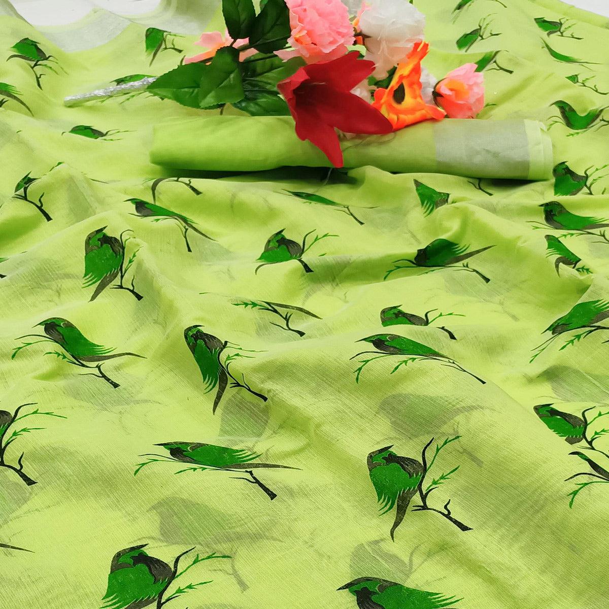 Adorable Green Colored Casual Wear Sparrow Block Printed Cotton Linen Saree - Peachmode