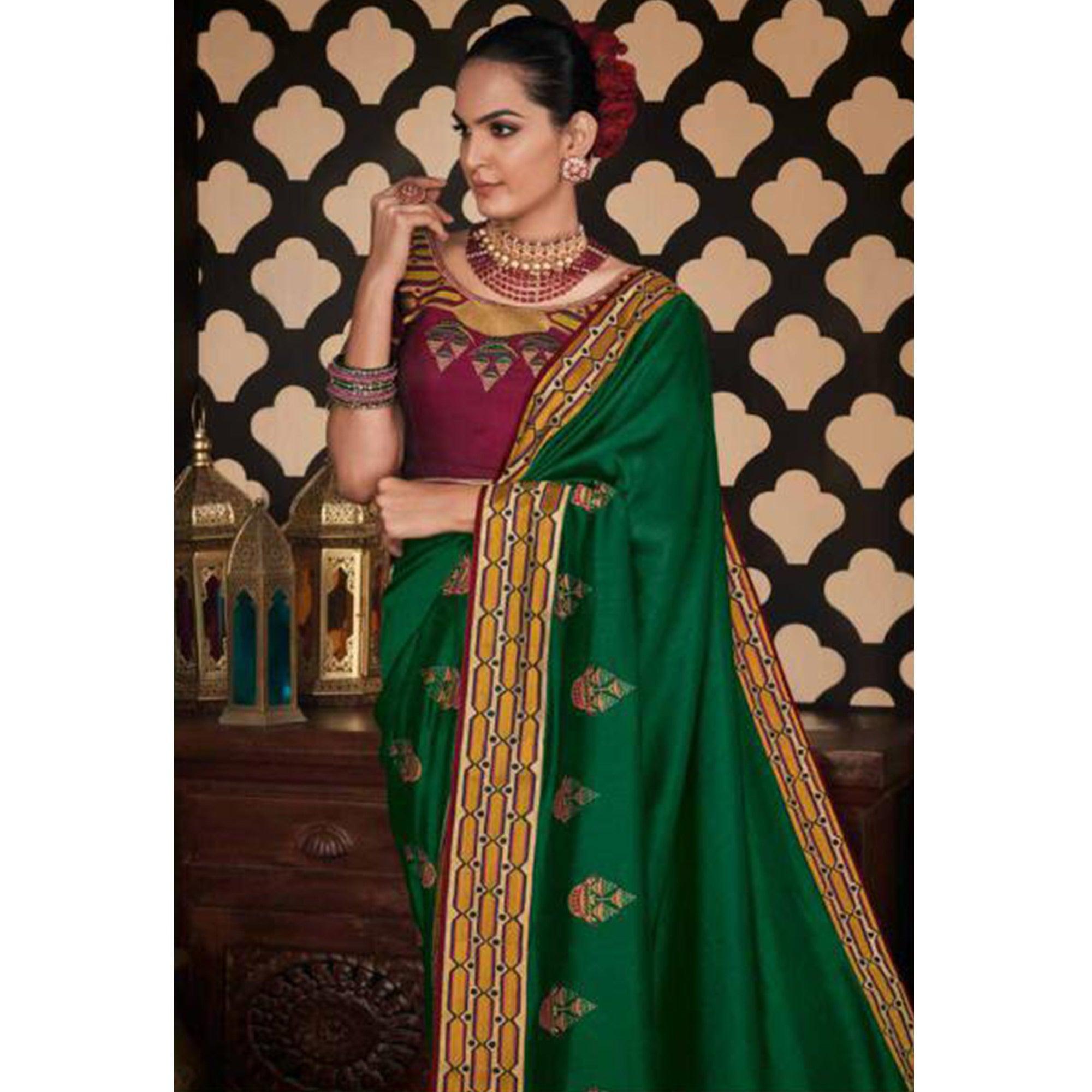 Adorable Green Colored Festive Wear Embroidered Heavy Border Silk Saree - Peachmode