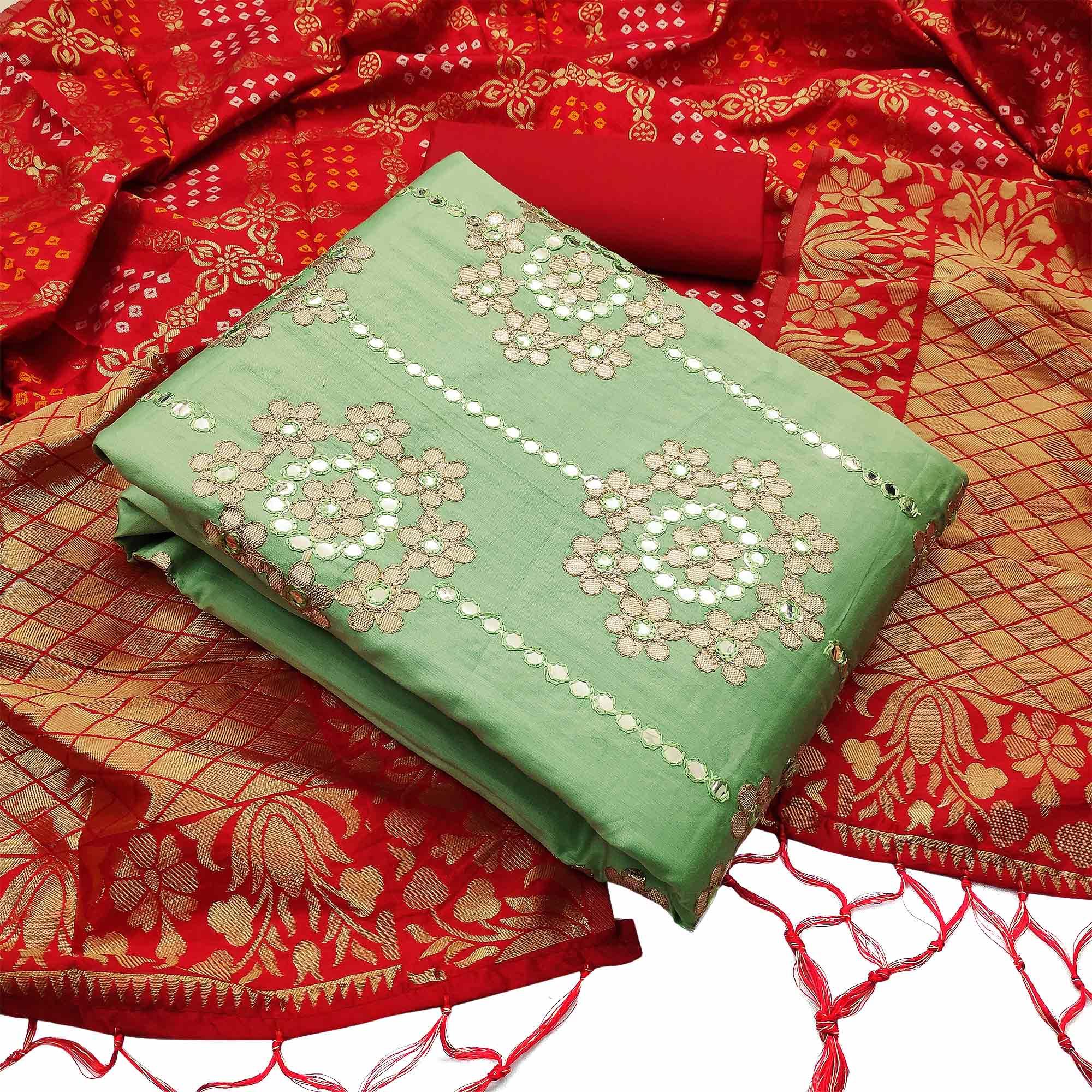 Adorable Green Colored Festive Wear Embroidered Heavy Cotton Dress Material - Peachmode