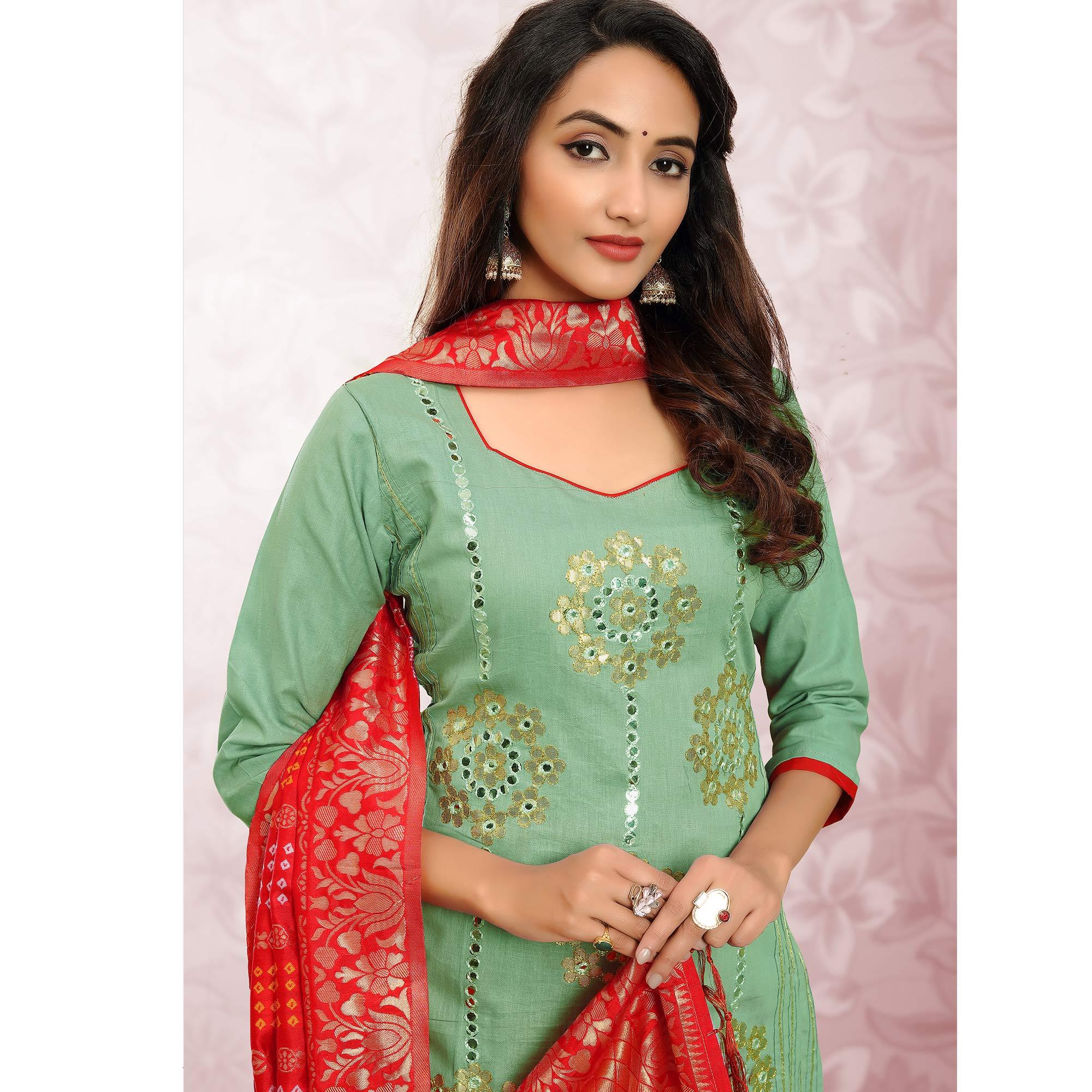 Adorable Green Colored Festive Wear Embroidered Heavy Cotton Dress Material - Peachmode