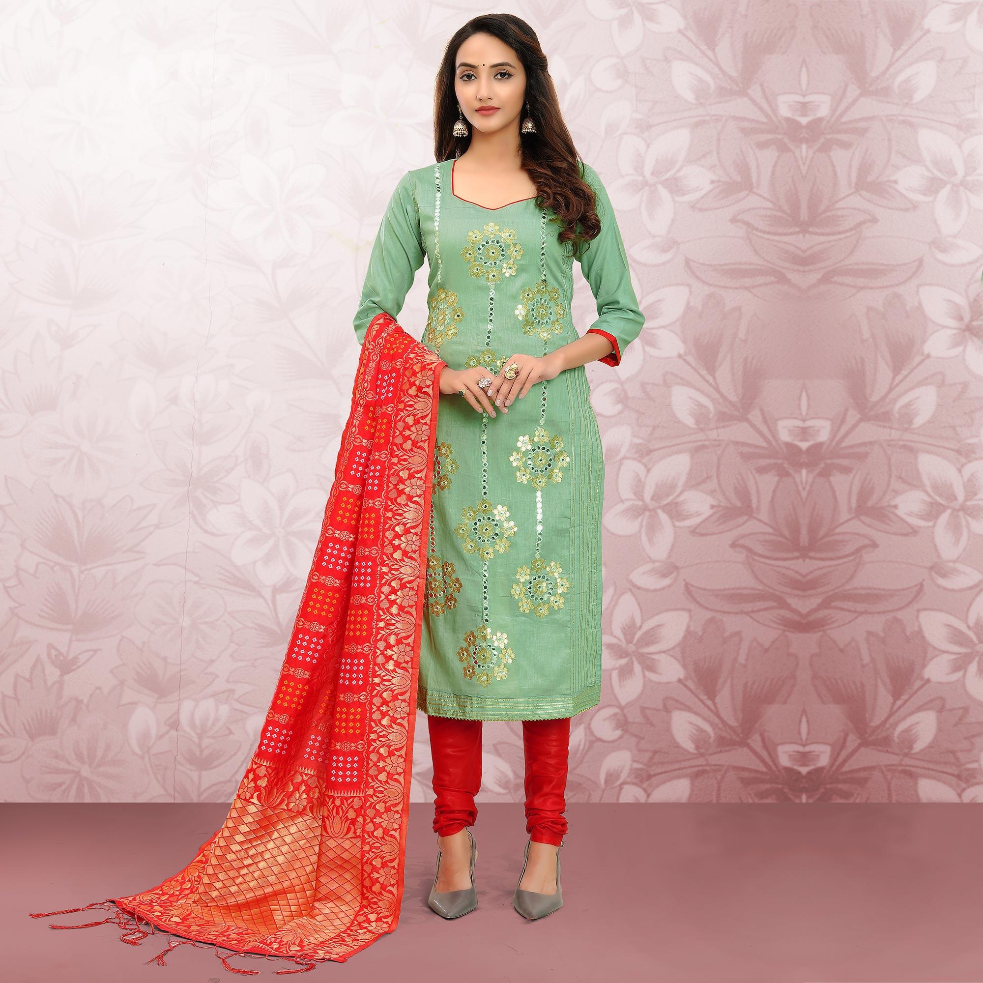 Adorable Green Colored Festive Wear Embroidered Heavy Cotton Dress Material - Peachmode