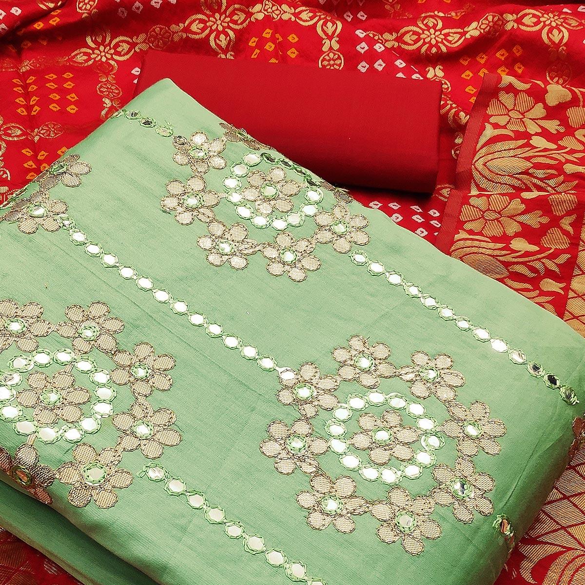 Adorable Green Colored Festive Wear Embroidered Heavy Cotton Dress Material - Peachmode