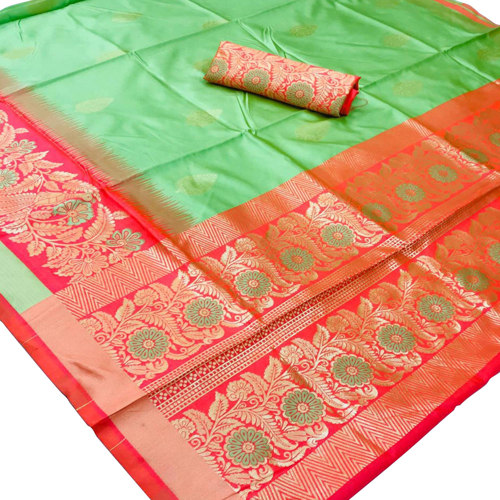 Adorable Green Colored Festive Wear Woven Banarasi Silk Saree - Peachmode
