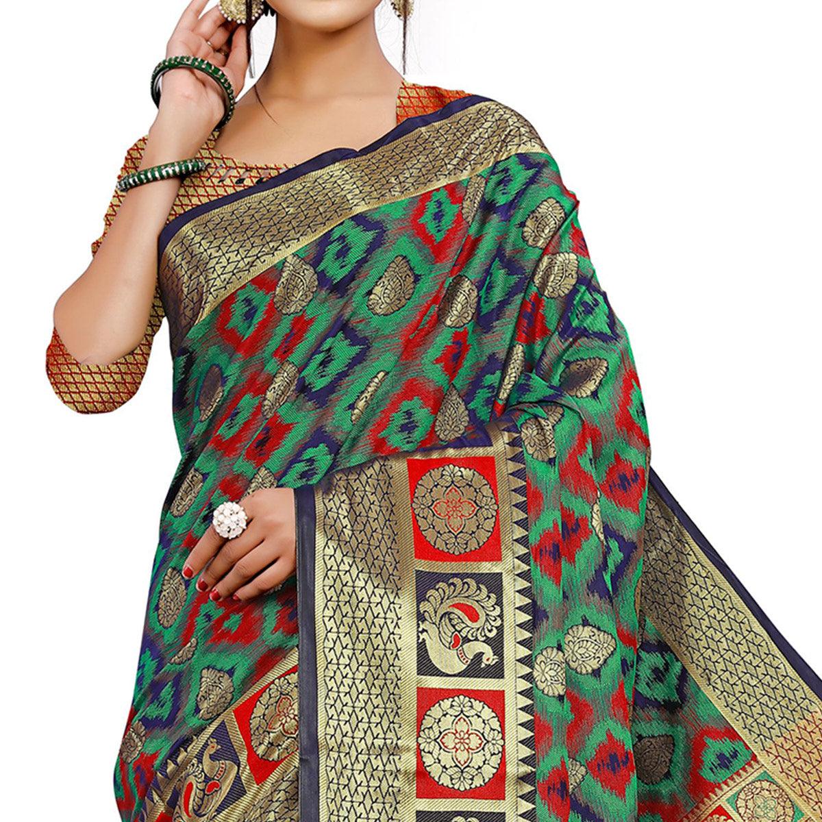Adorable Green Colored Festive Wear Woven Cotton Silk Saree - Peachmode