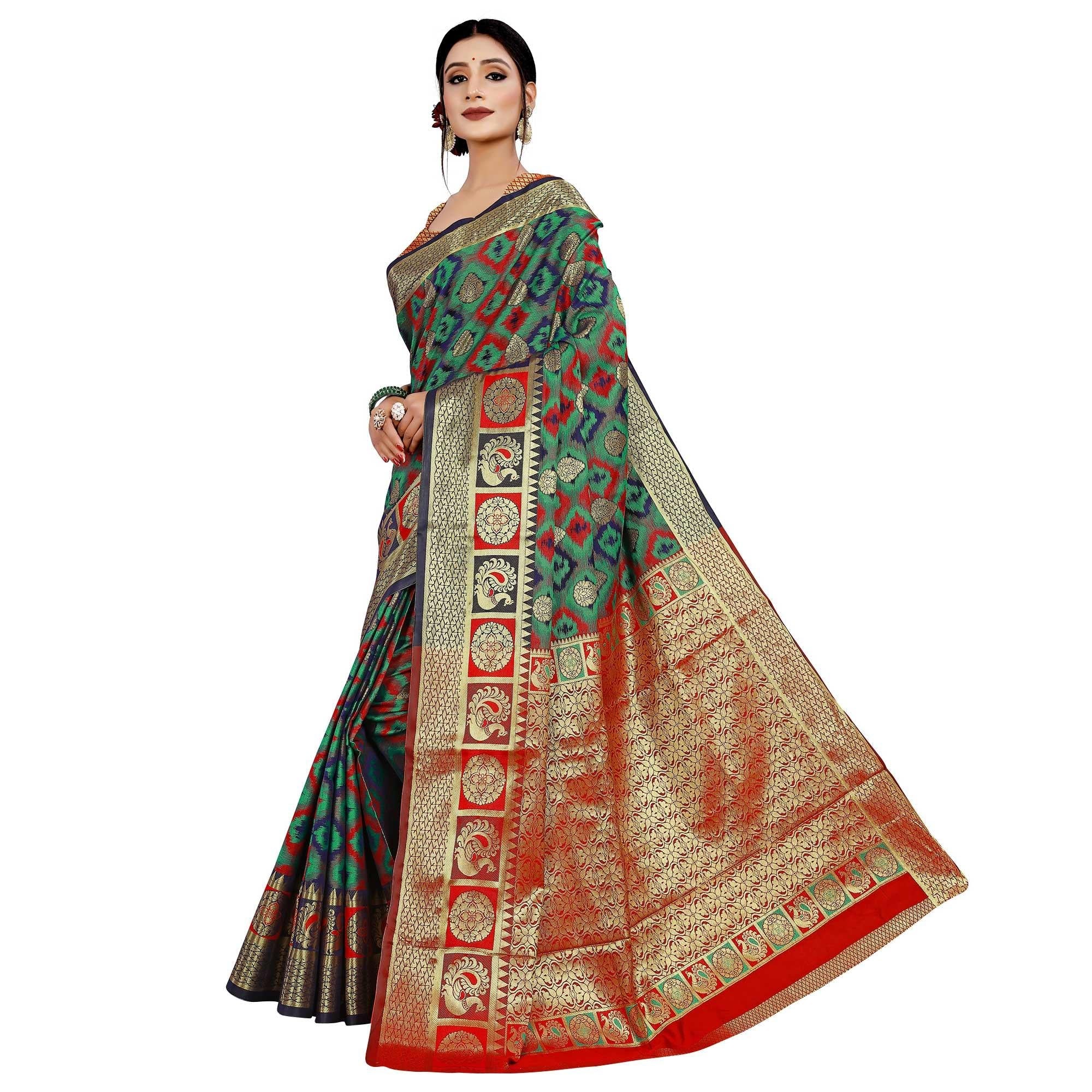 Adorable Green Colored Festive Wear Woven Cotton Silk Saree - Peachmode