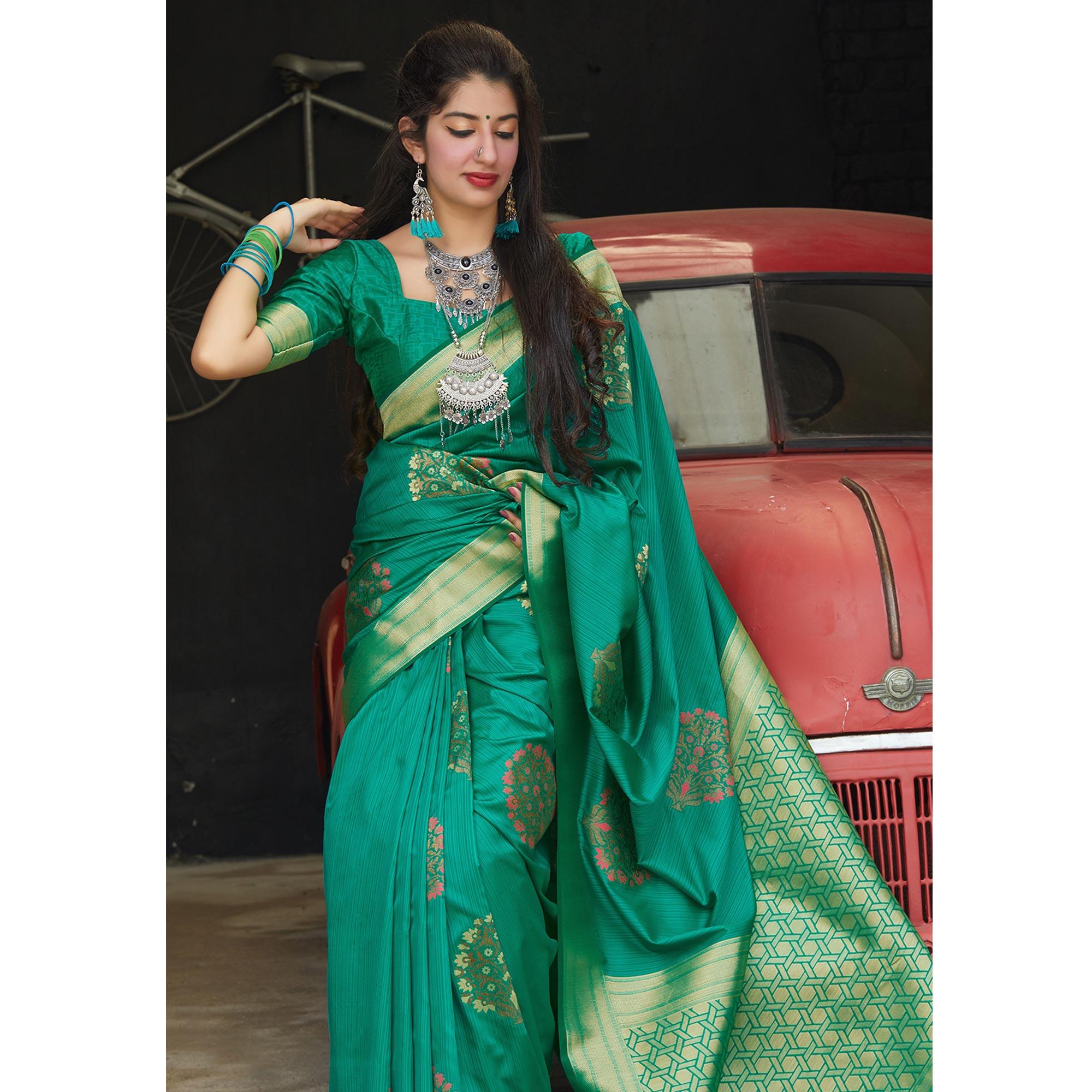 Adorable Green Colored Festive Wear Woven Soft Silk Saree - Peachmode