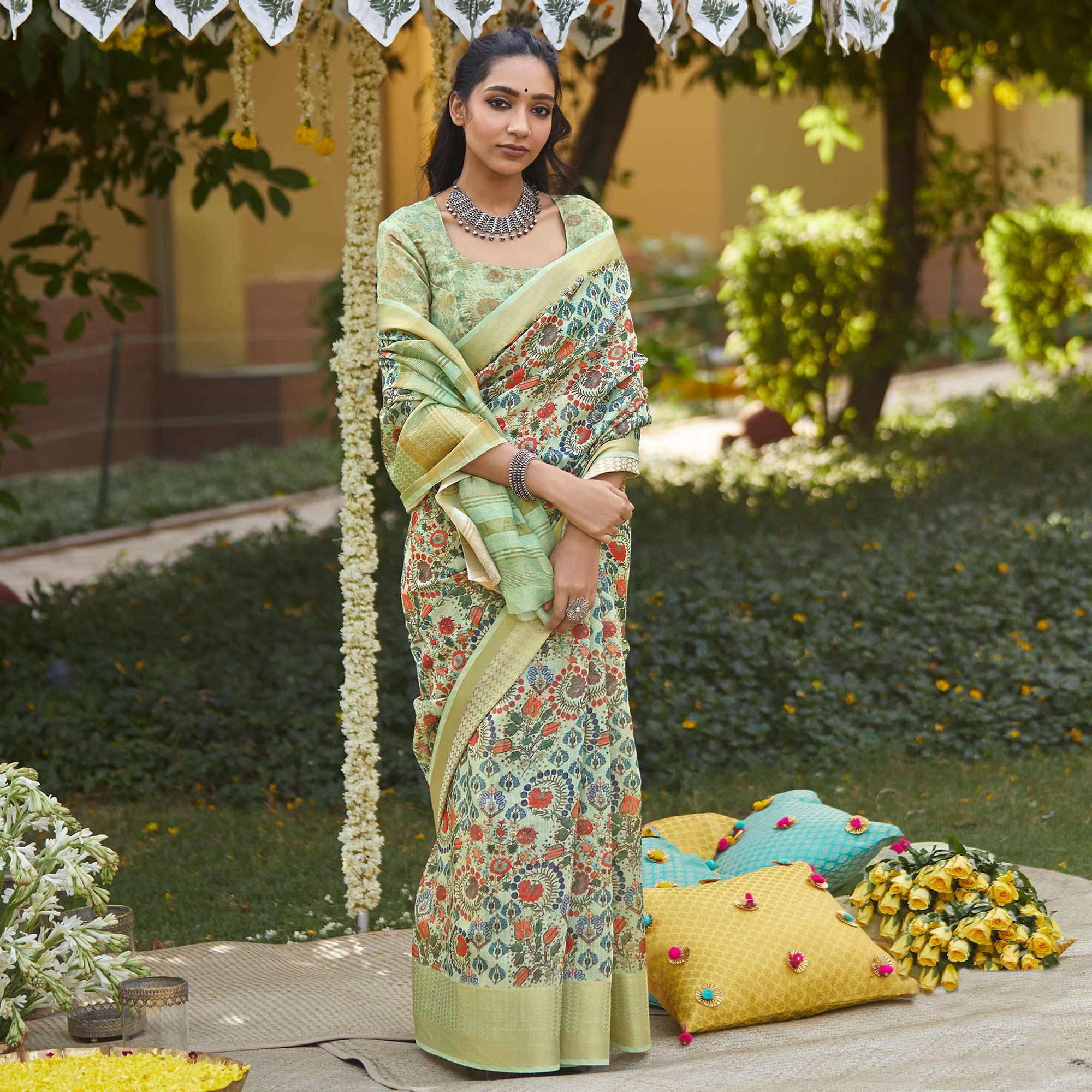 Adorable Green Colored Party Wear Digital Printed Linen Saree - Peachmode