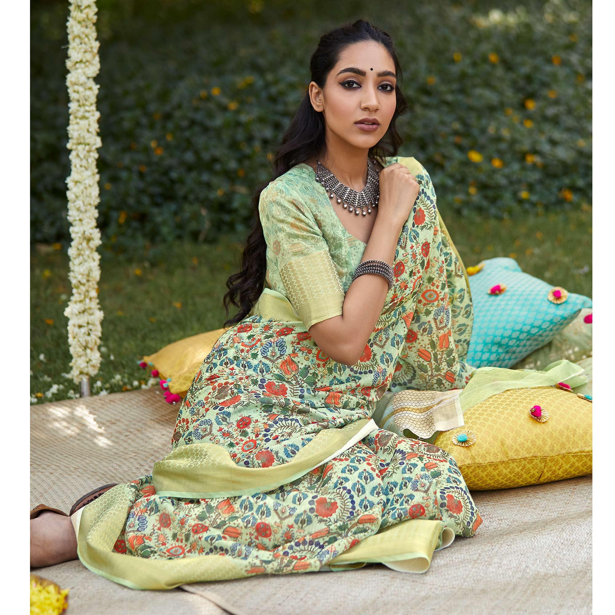 Adorable Green Colored Party Wear Digital Printed Linen Saree - Peachmode
