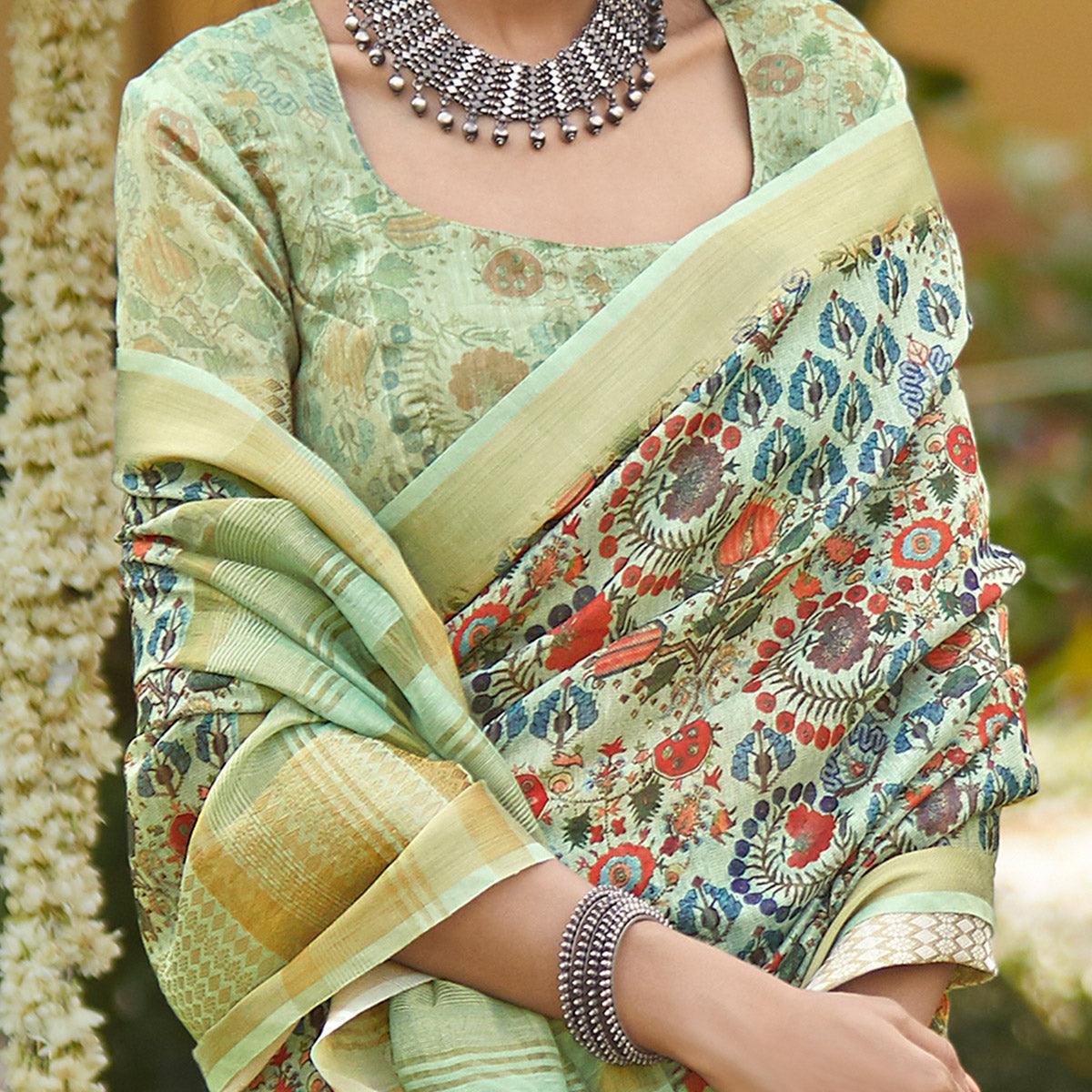 Adorable Green Colored Party Wear Digital Printed Linen Saree - Peachmode