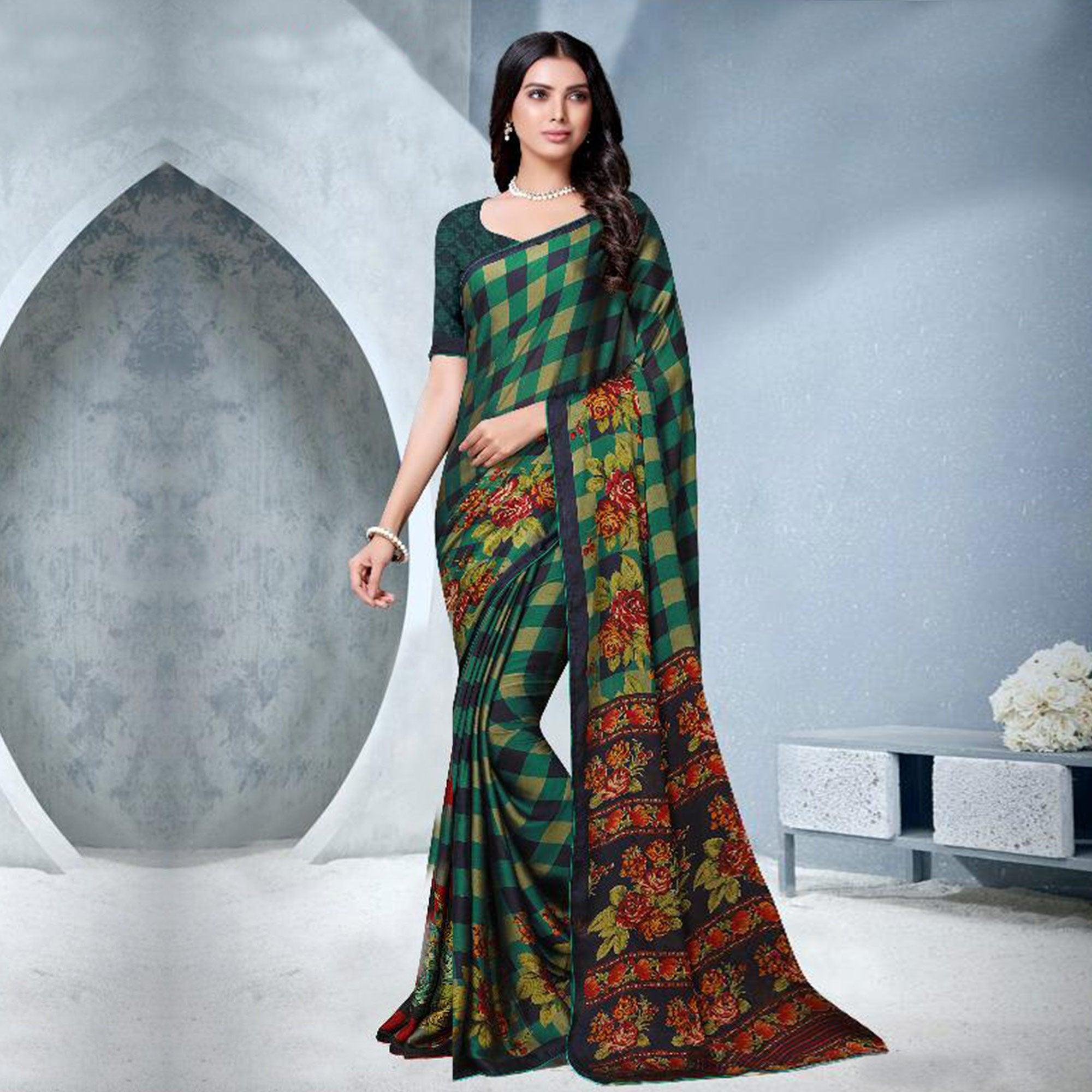 Adorable Green Colored Partywear Checkered Printed Chiffon Saree - Peachmode