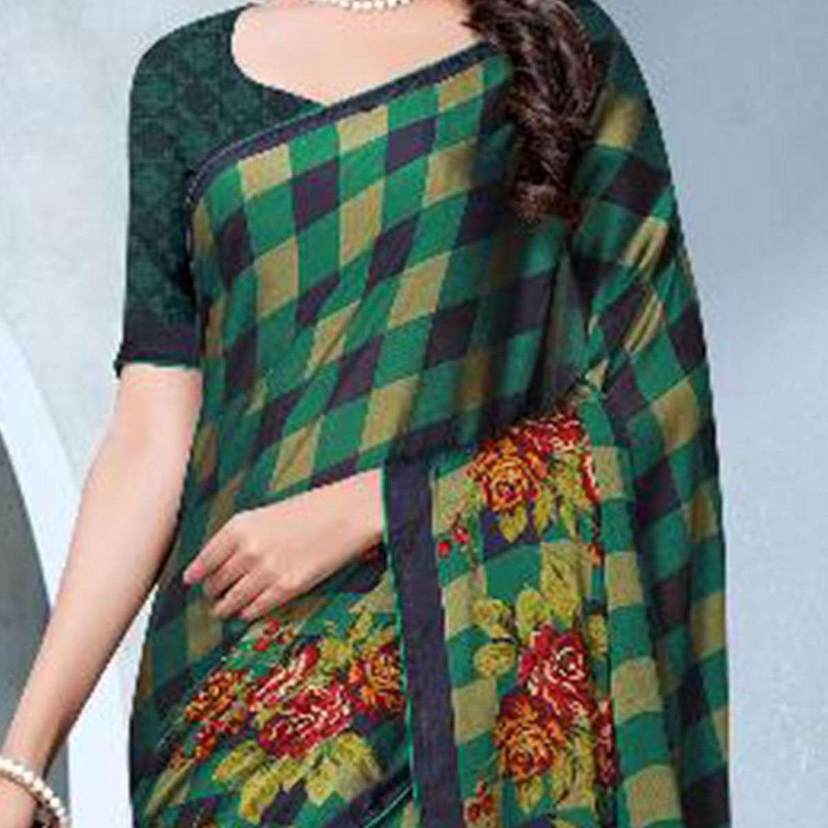 Adorable Green Colored Partywear Checkered Printed Chiffon Saree - Peachmode