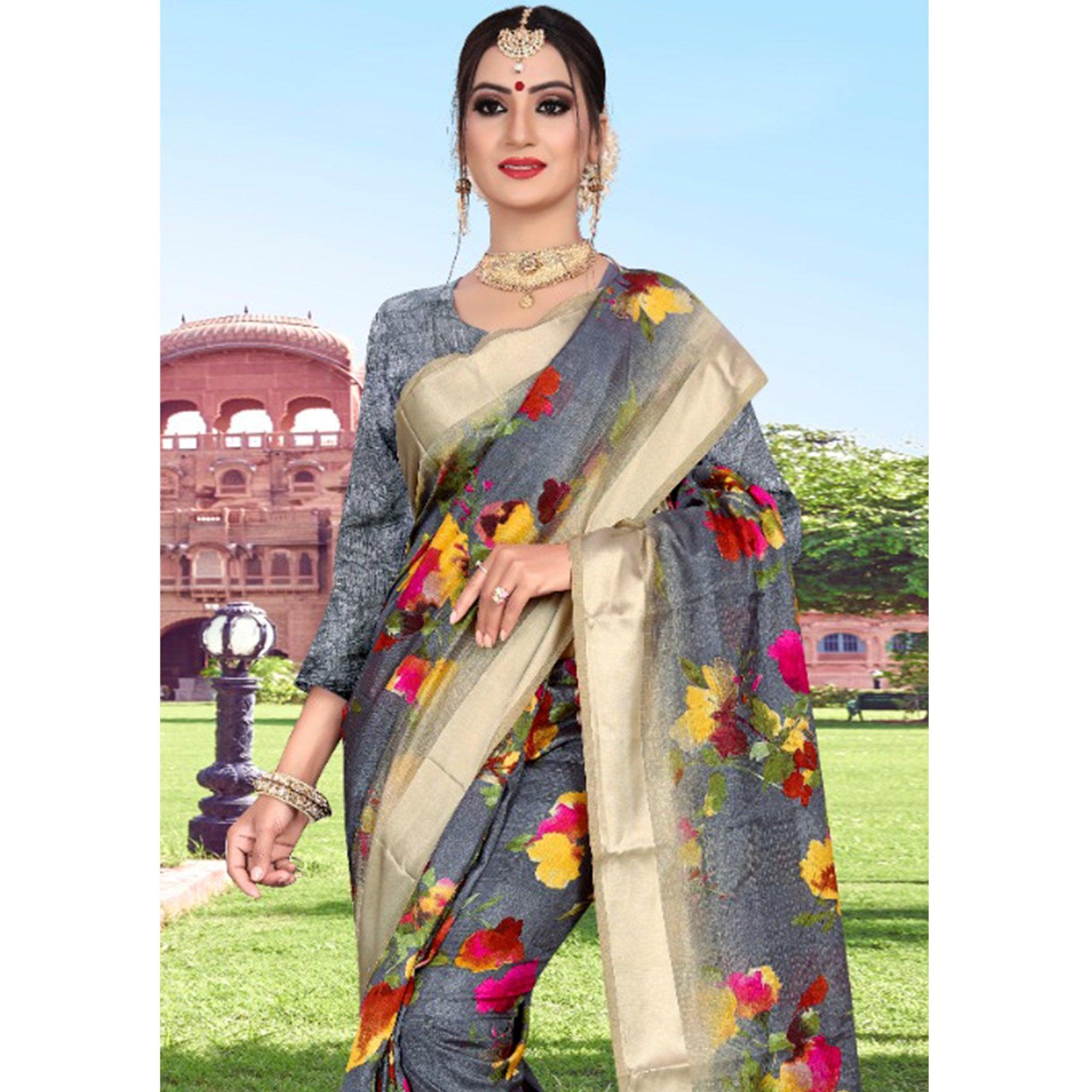 Adorable Grey Colored Casual Printed Cotton Saree - Peachmode