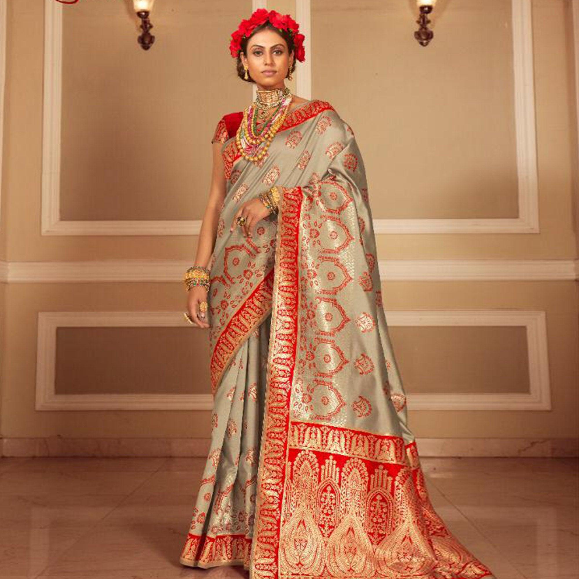 Adorable Grey Colored Festive Wear Woven Banarasi Silk Saree - Peachmode