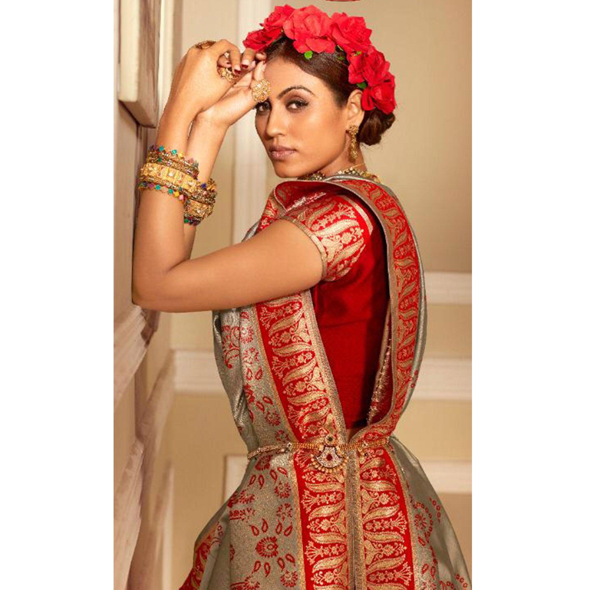 Adorable Grey Colored Festive Wear Woven Banarasi Silk Saree - Peachmode