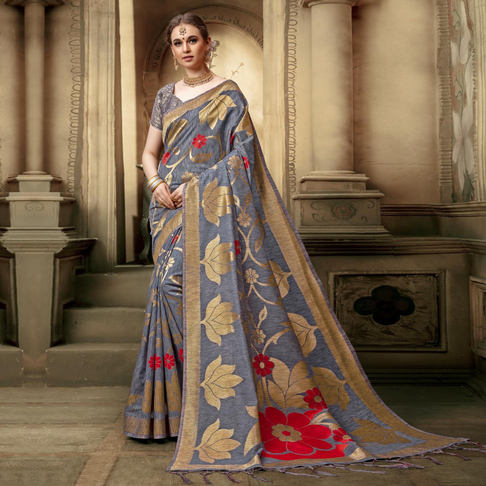 Adorable Grey Colored Festive Wear Woven Cotton Silk Saree - Peachmode