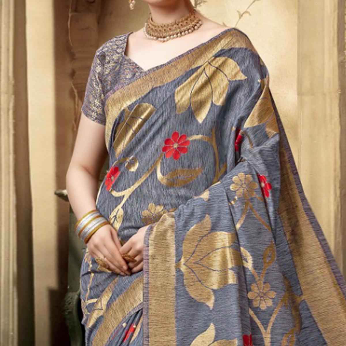Adorable Grey Colored Festive Wear Woven Cotton Silk Saree - Peachmode