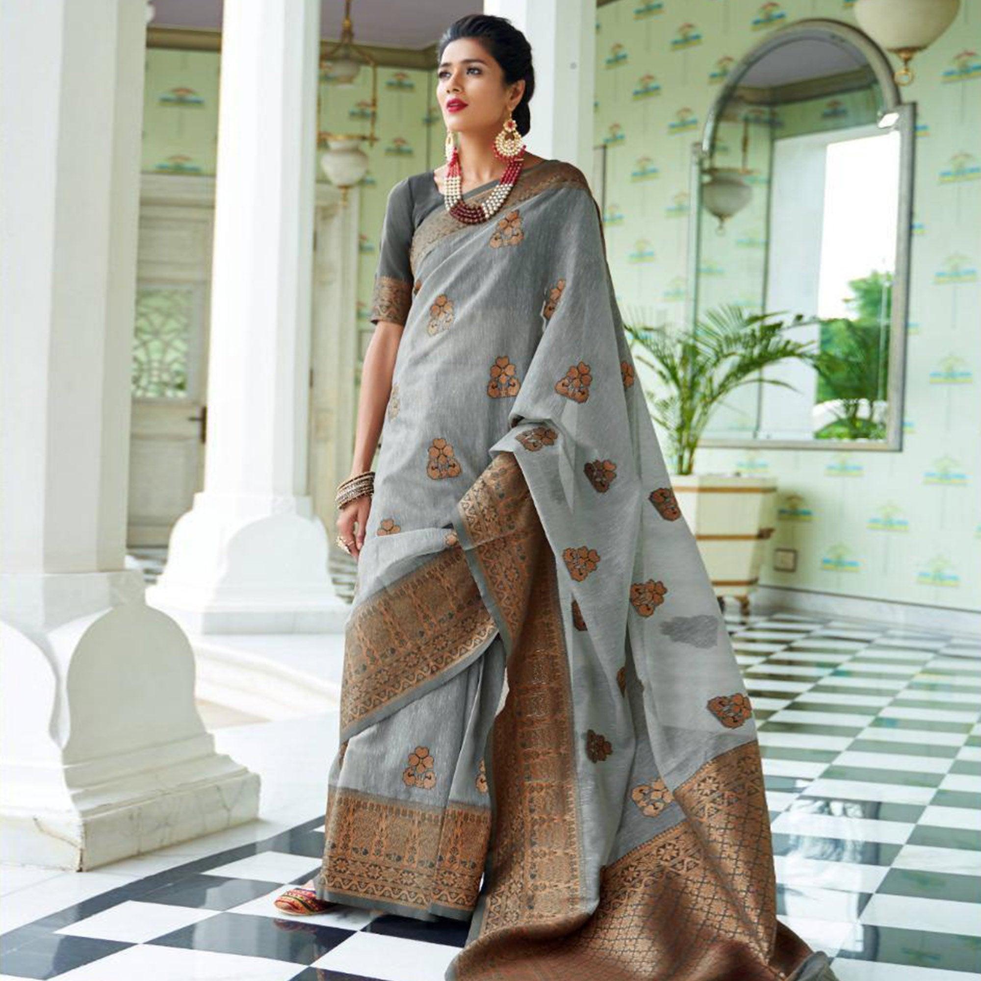 Adorable Grey Colored Festive Wear Woven Linen Saree - Peachmode