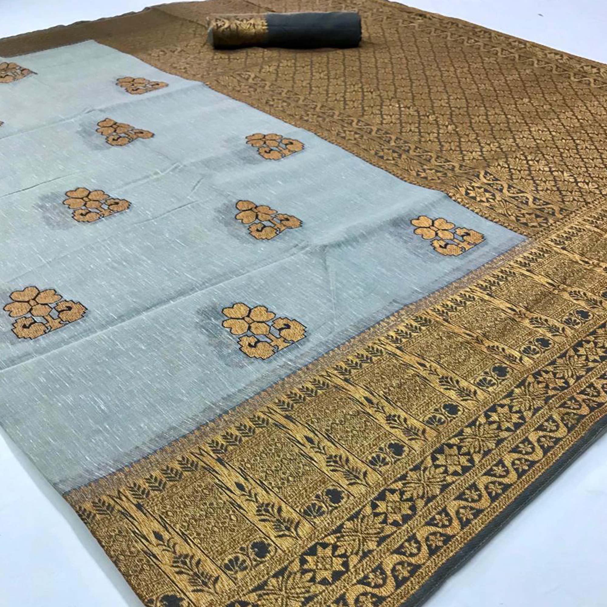 Adorable Grey Colored Festive Wear Woven Linen Saree - Peachmode