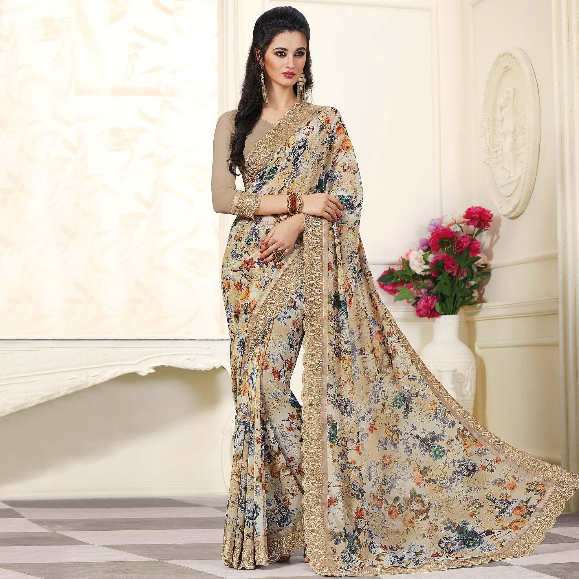 Adorable Light Brown Colored Partywear Printed Georgette Saree - Peachmode