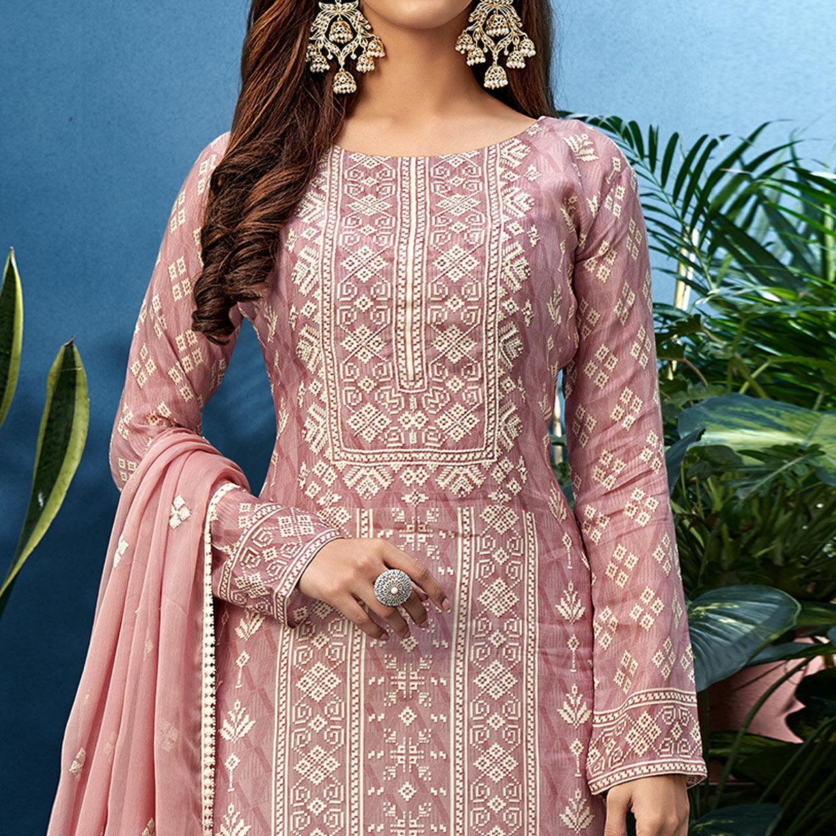 Adorable Light Pink Colored Partywear Digital Printed Pure Muslin Palazzo Suit - Peachmode