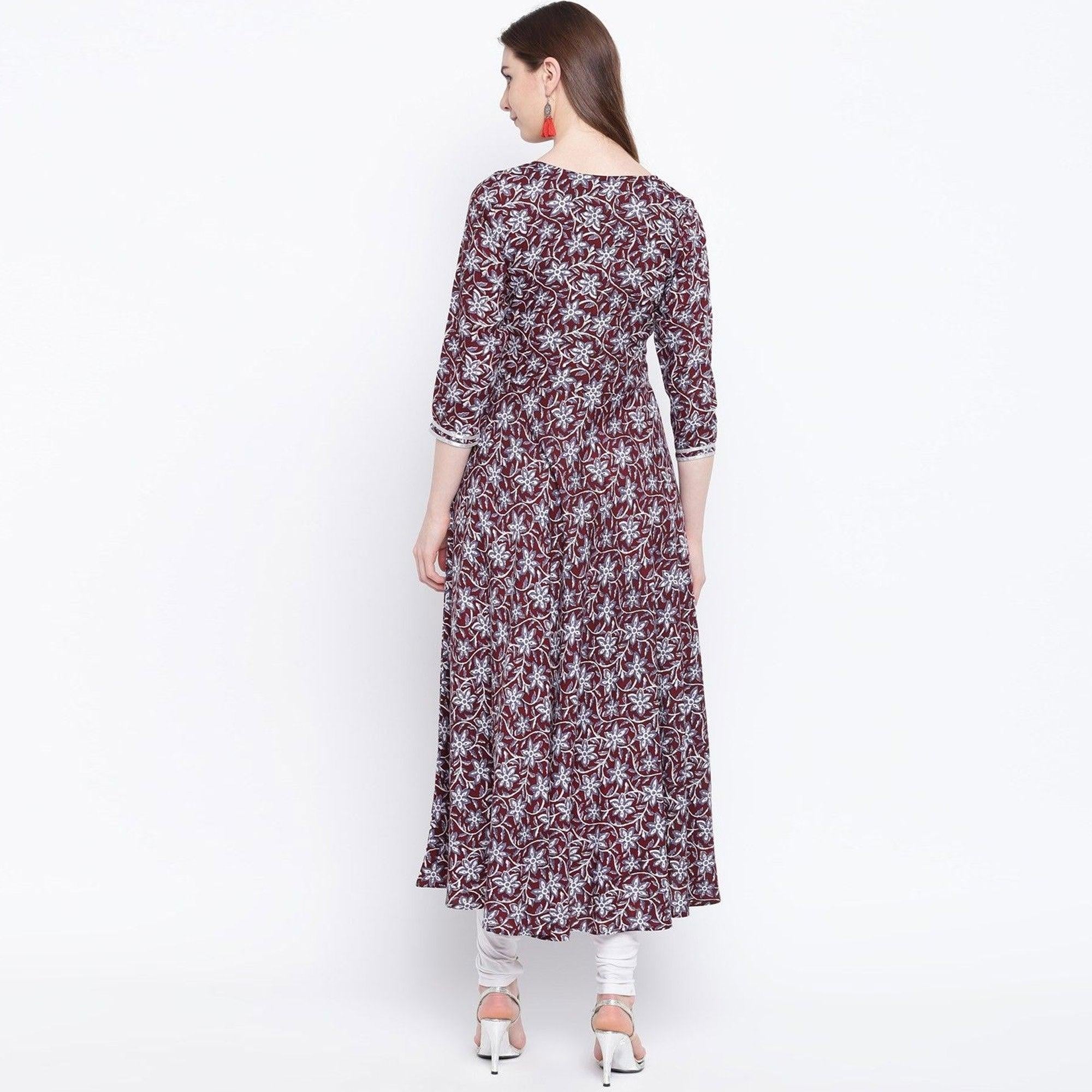 Adorable Maroon Colored Casual Wear Printed Rayon Long Kurti - Peachmode