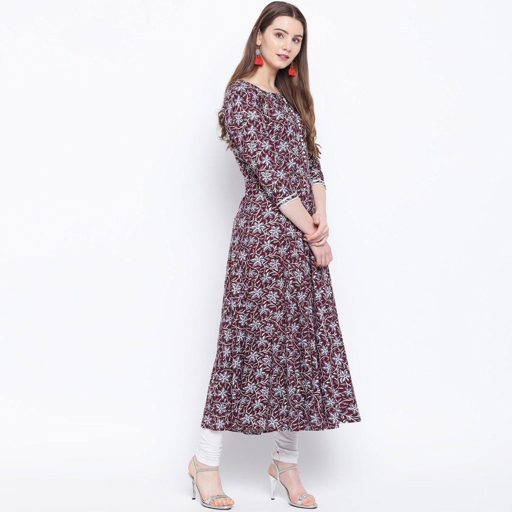 Adorable Maroon Colored Casual Wear Printed Rayon Long Kurti - Peachmode