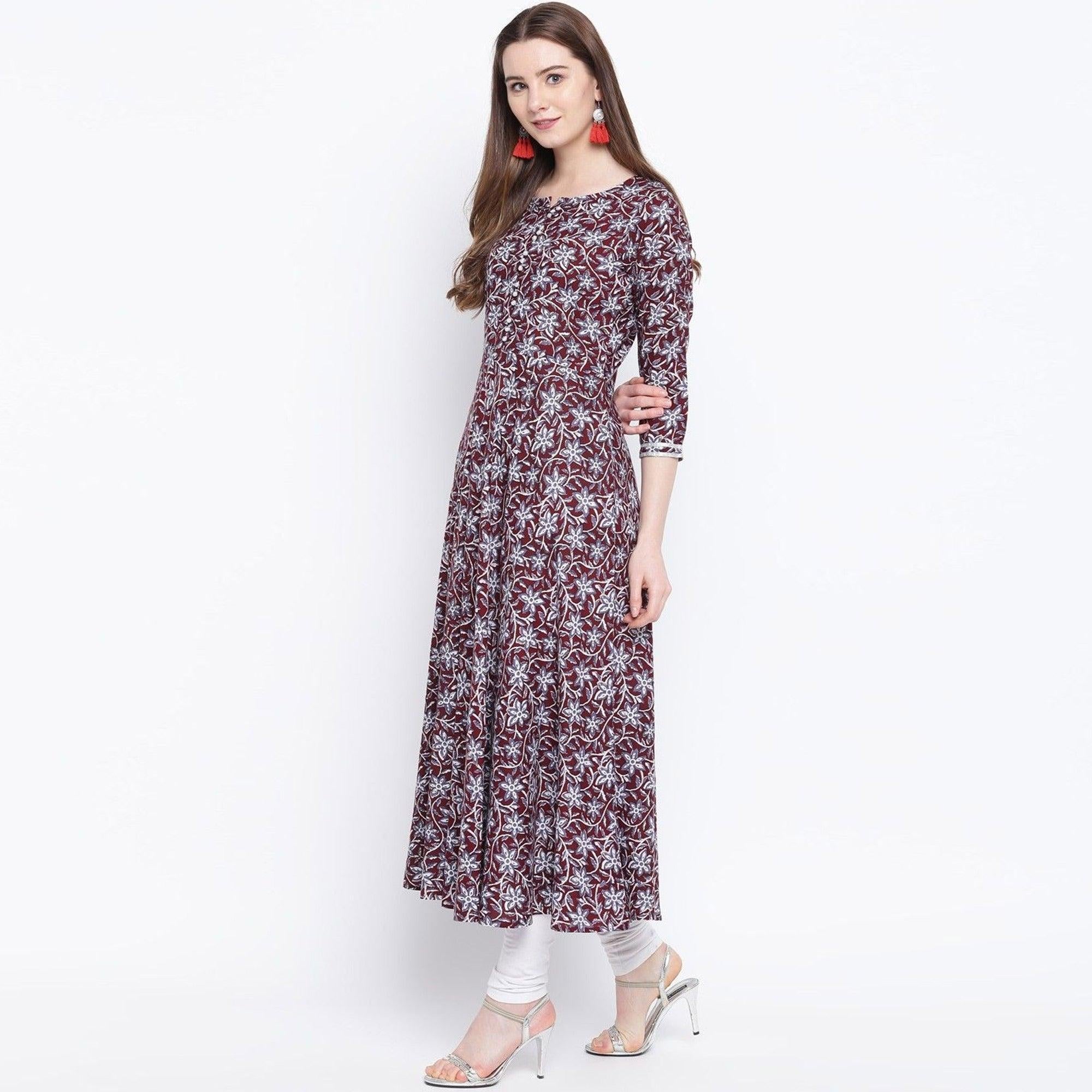 Adorable Maroon Colored Casual Wear Printed Rayon Long Kurti - Peachmode