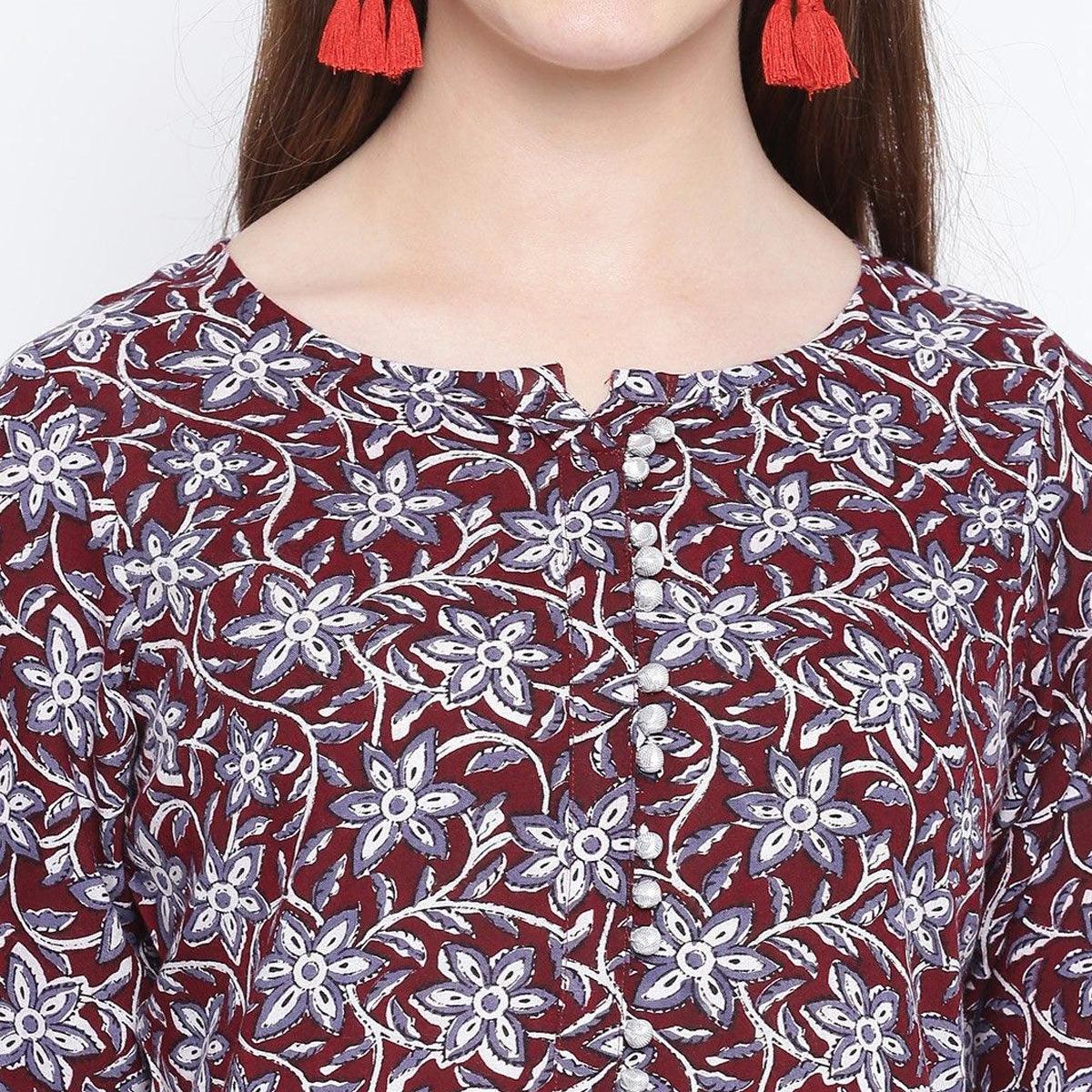 Adorable Maroon Colored Casual Wear Printed Rayon Long Kurti - Peachmode