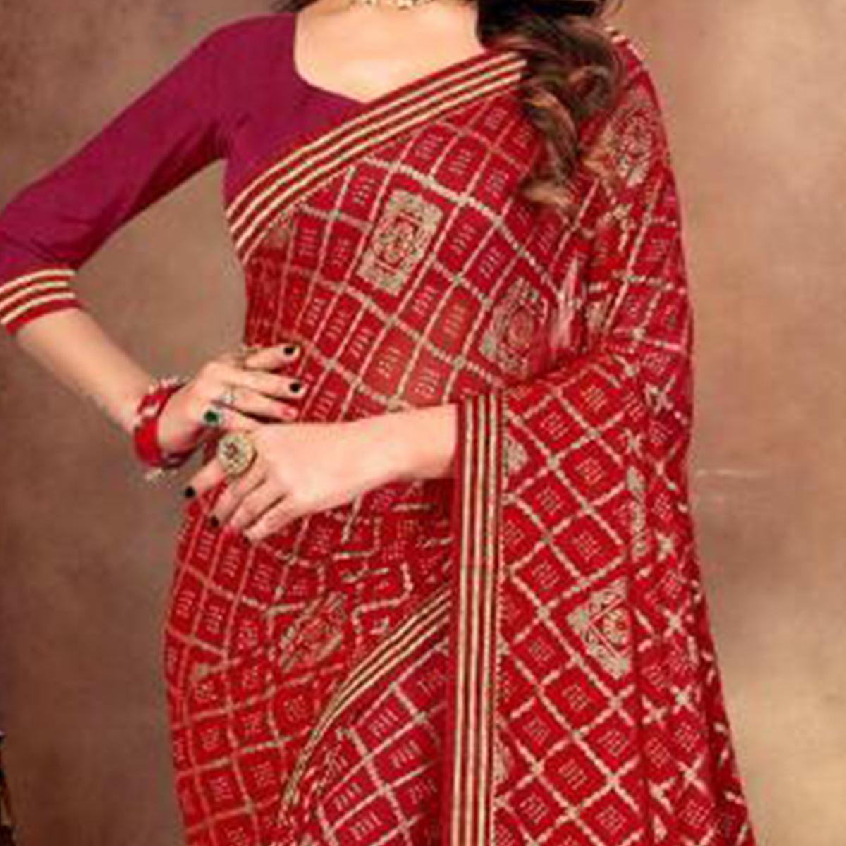 Adorable Maroon Colored Festive Wear Bandhani Print With Gotta Border Heavy Georgette Saree - Peachmode
