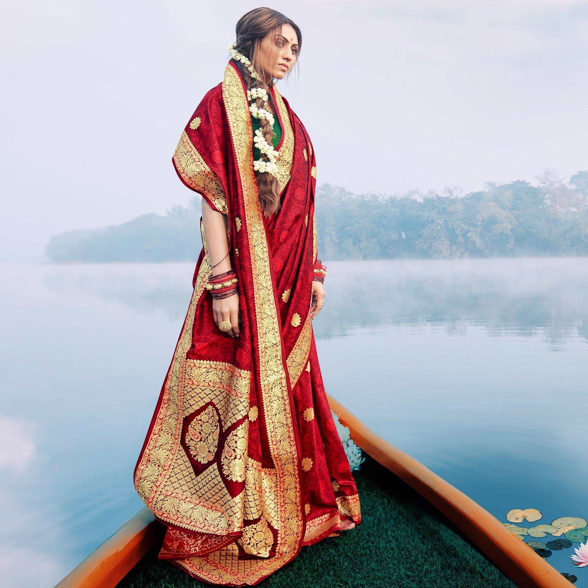 Adorable Maroon Colored Festive Wear Woven Banarasi Silk Saree - Peachmode