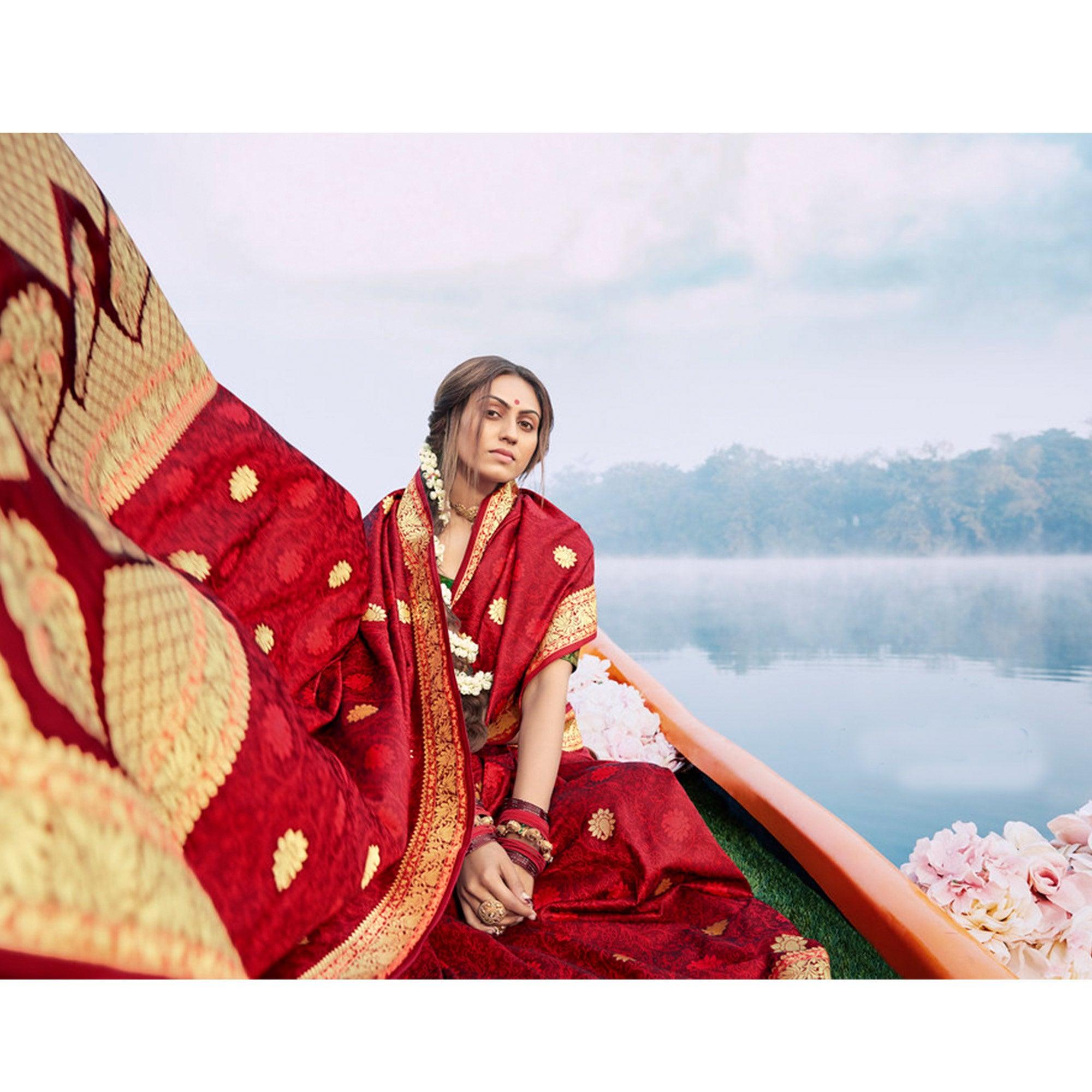 Adorable Maroon Colored Festive Wear Woven Banarasi Silk Saree - Peachmode