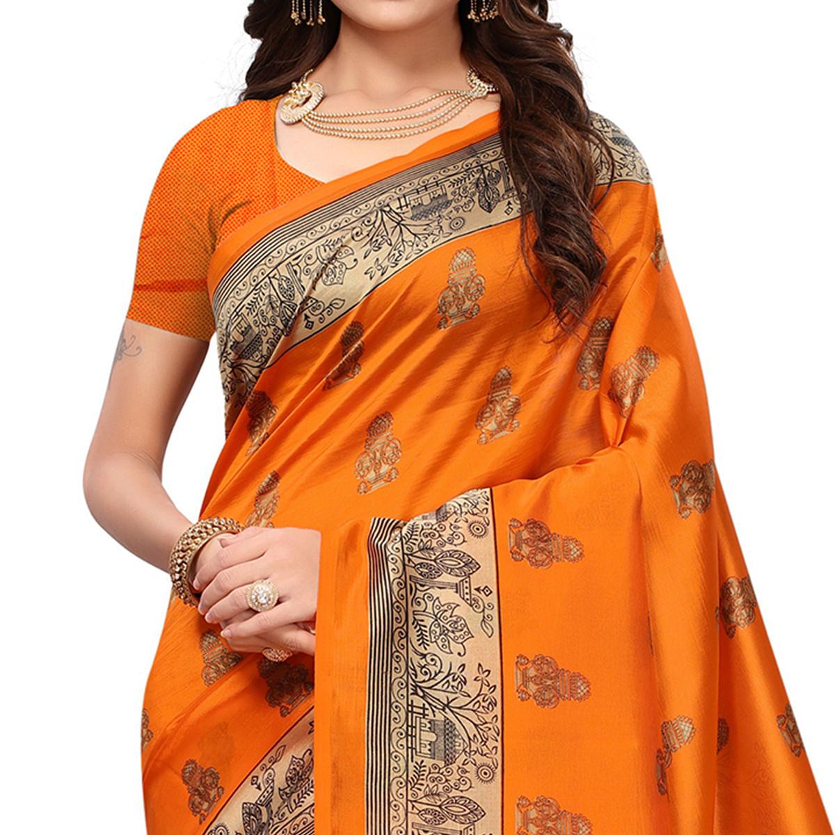 Adorable Mustard Colored Festive Wear Printed Mysore Silk Saree - Peachmode
