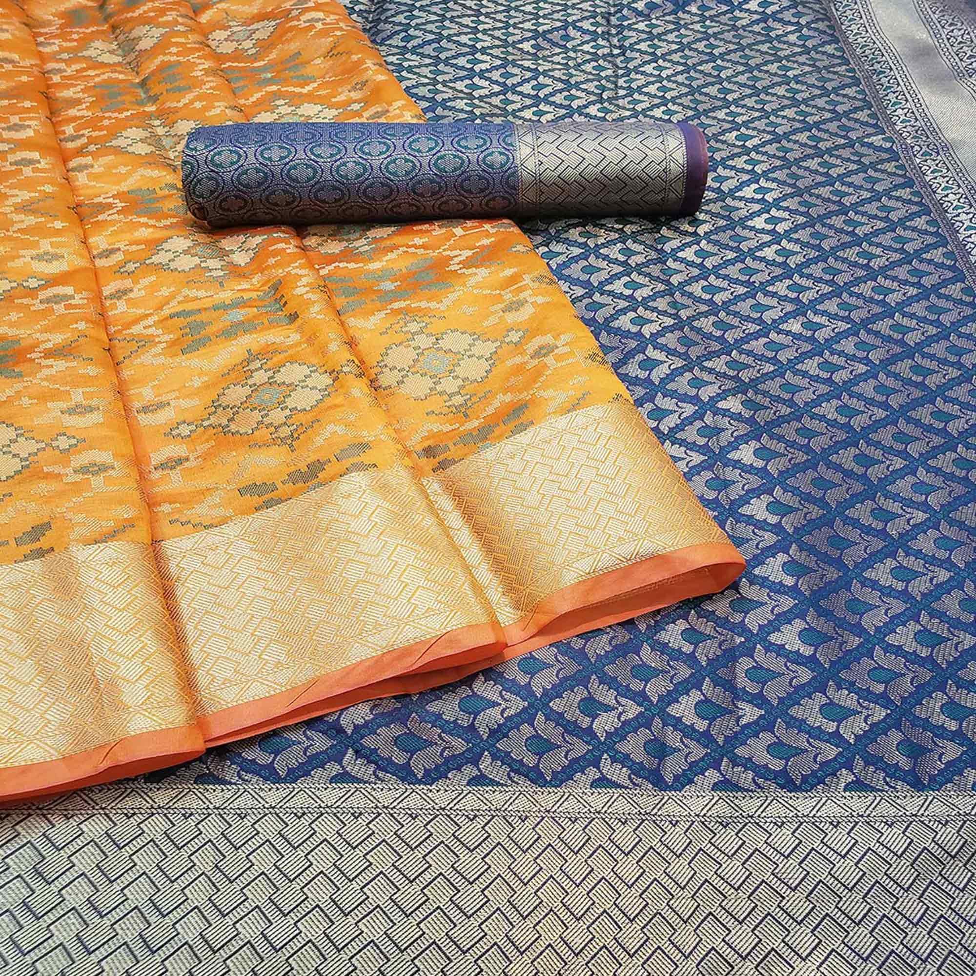 Adorable Mustard Colored Festive Wear Woven Banarasi Silk Saree - Peachmode