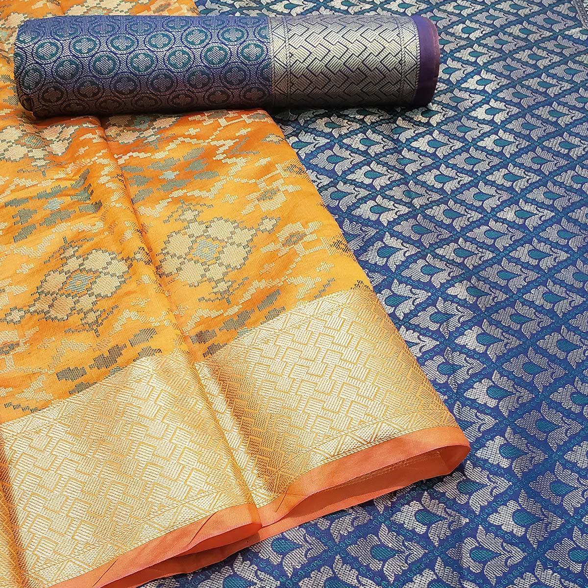 Adorable Mustard Colored Festive Wear Woven Banarasi Silk Saree - Peachmode