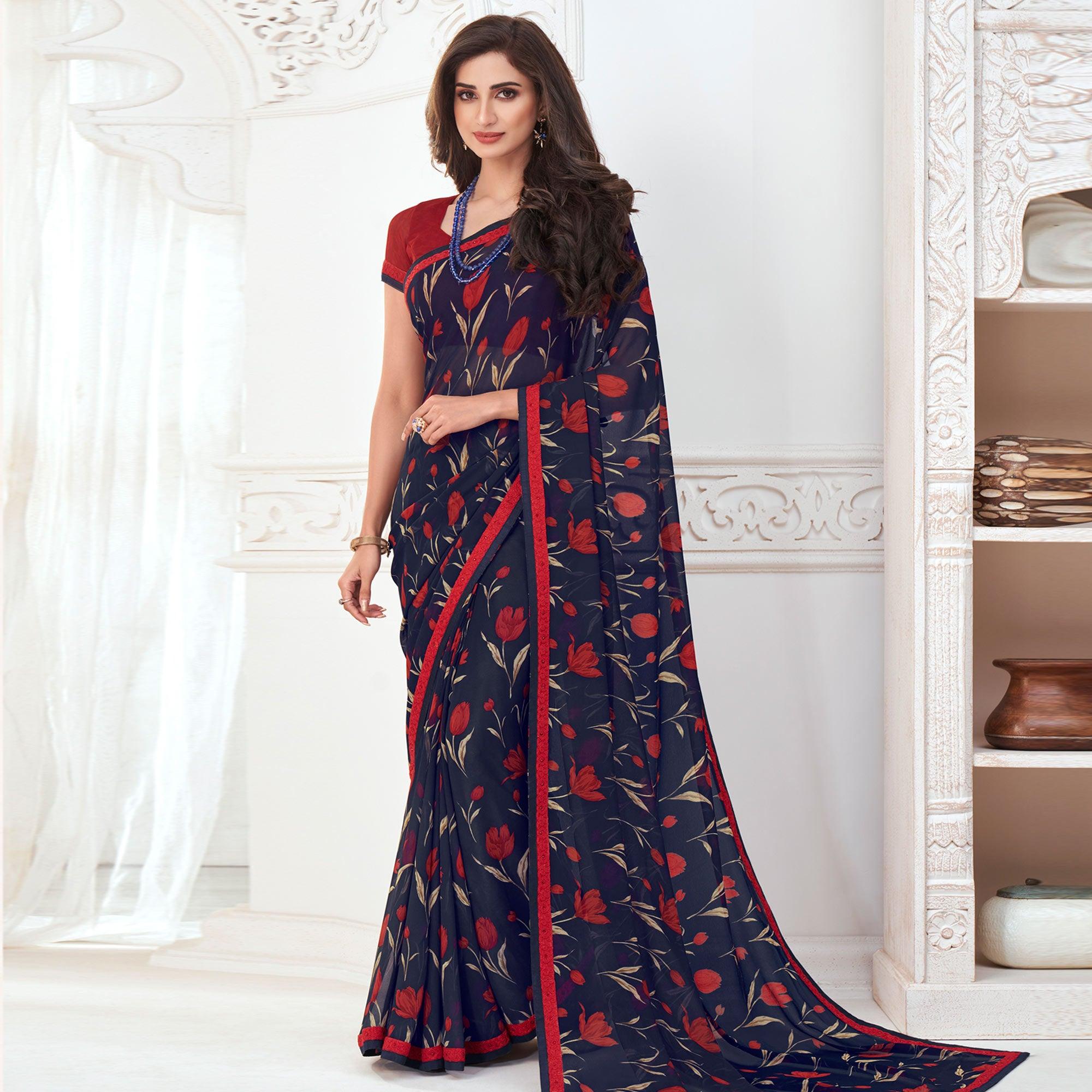 Adorable Navy Blue Colored Casual Wear Floral Printed Pure Georgette Saree - Peachmode
