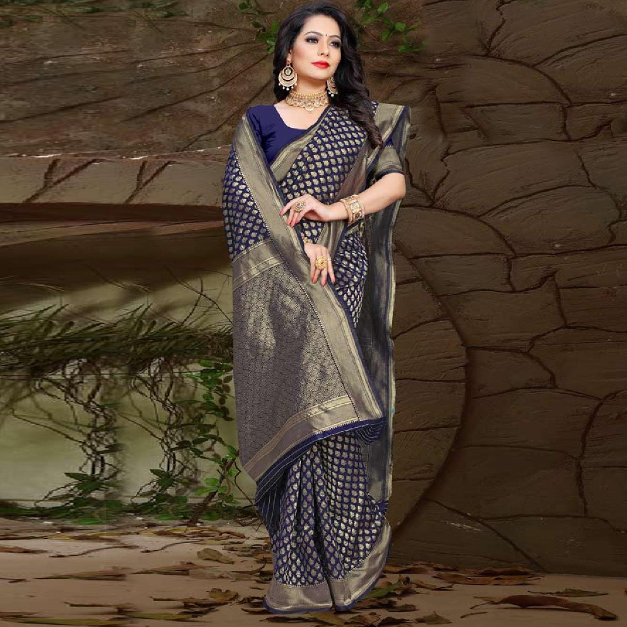 Adorable Navy Blue Colored Festive Wear Woven Art Silk Saree - Peachmode